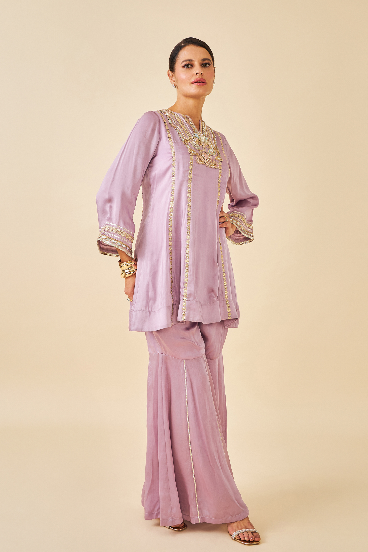 Ivora Lavender Ladies Embellished Tunic With Flared Trousers Co-ord ( Set of 2pcs )