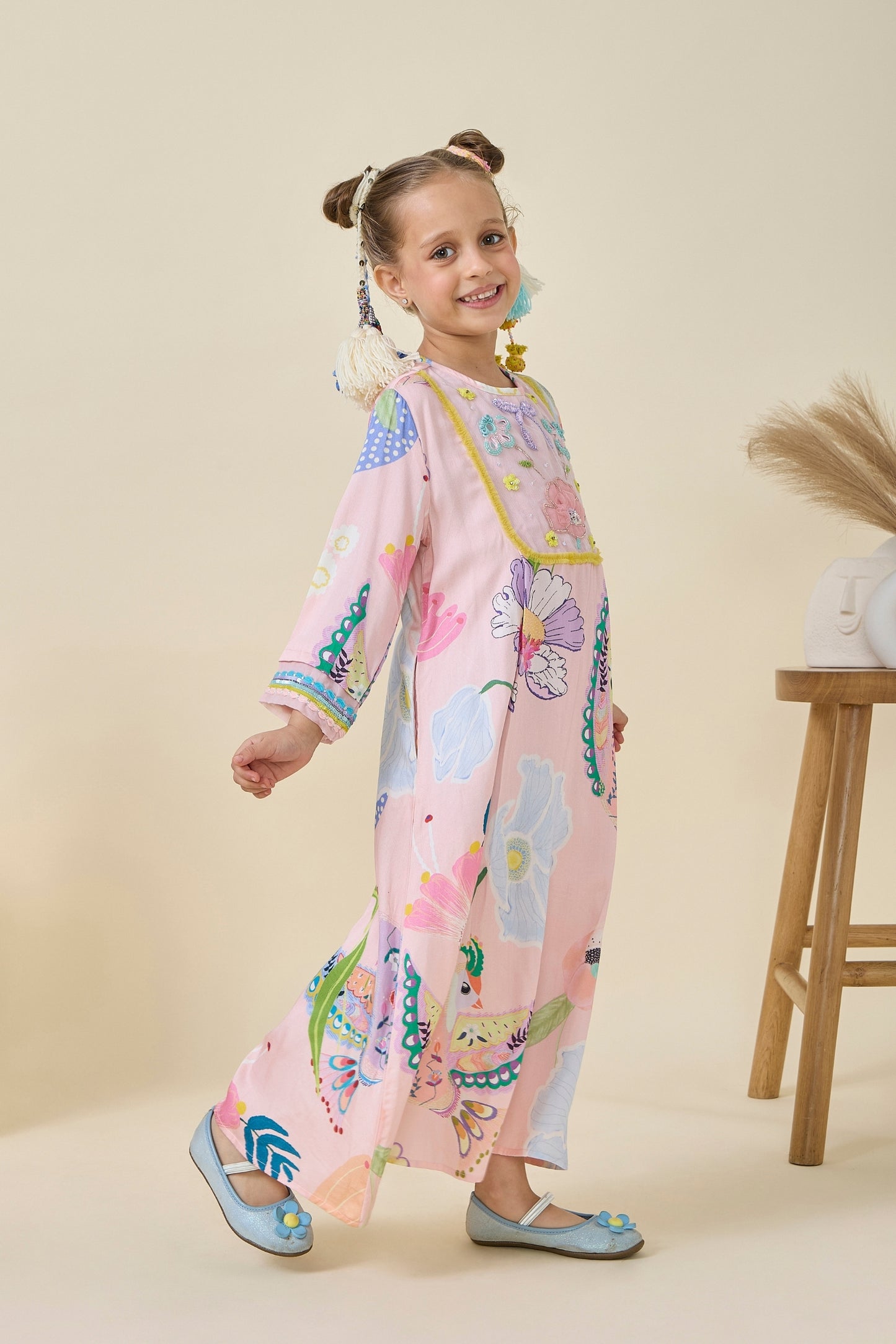 Jane Pink Embellished Girls Long Dress