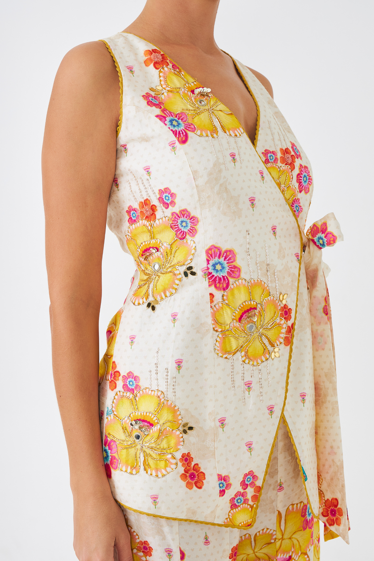 Freya Mustard Ladies Embellished Long Waistcoat & Flared Trousers Co-ord (Set of 2pcs)