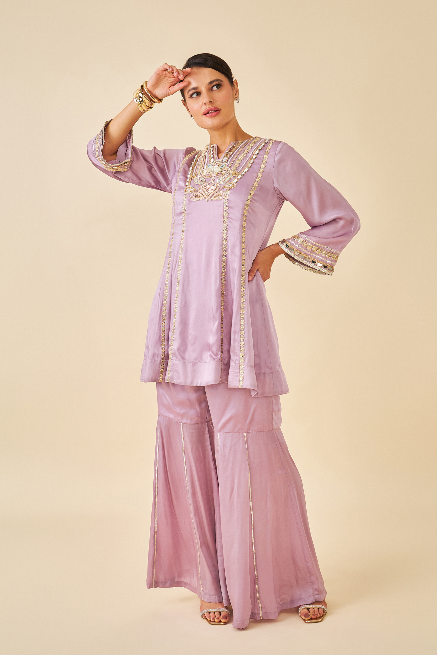 Ivora Lavender Ladies Embellished Tunic With Flared Trousers Co-ord ( Set of 2pcs )