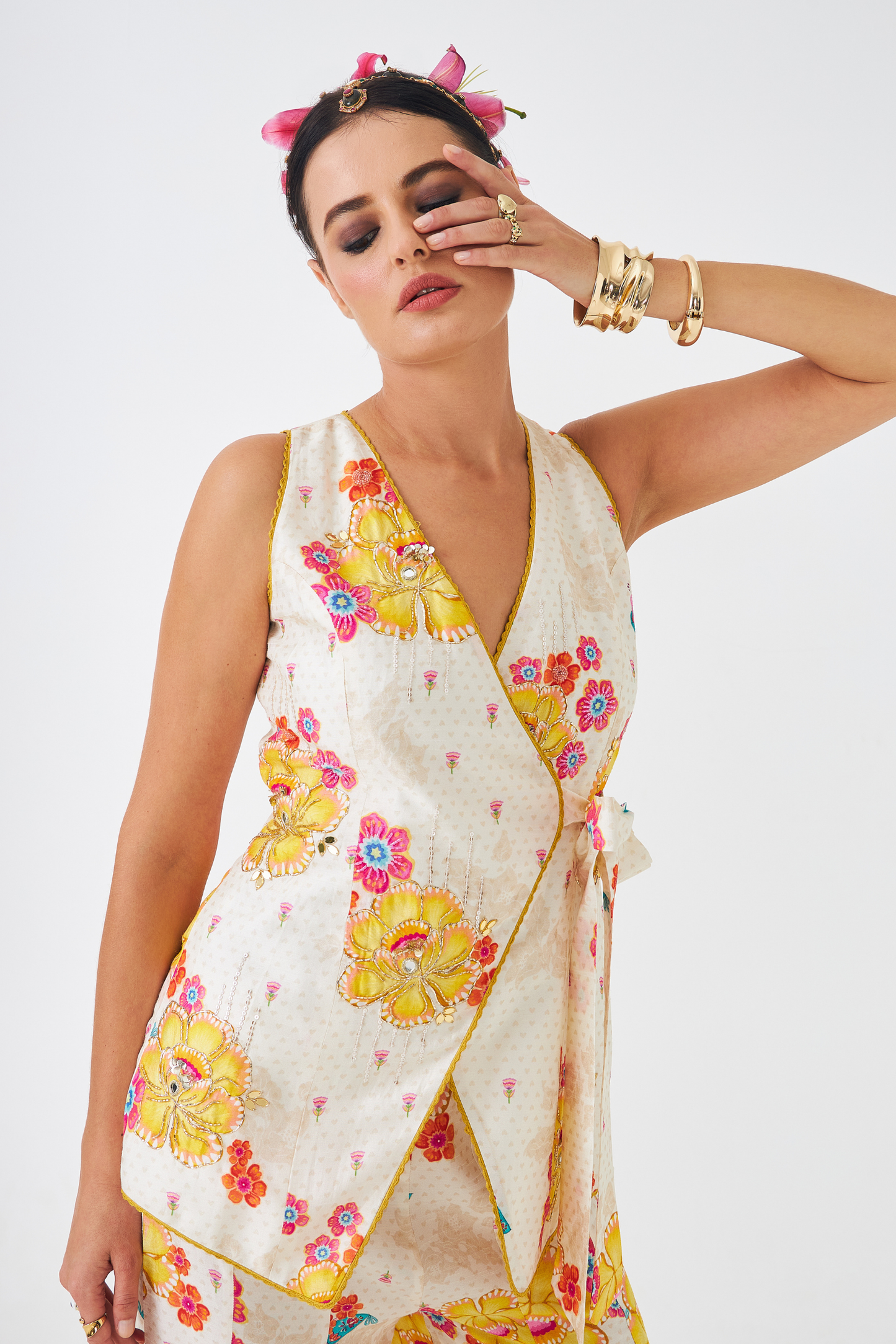 Freya Mustard Ladies Embellished Long Waistcoat & Flared Trousers Co-ord (Set of 2pcs)