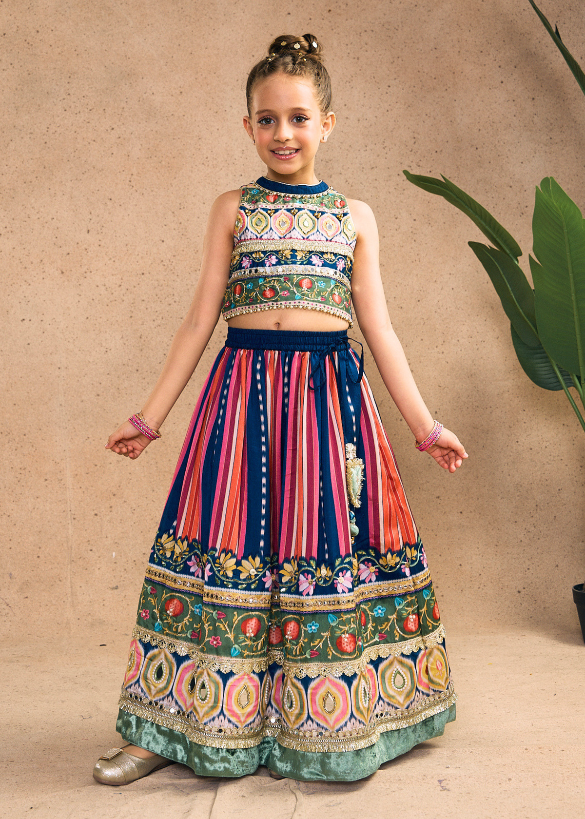 Dalia Navy Girls Embellished Crop Top, Skirt & Dupatta (Set of 3 pcs)