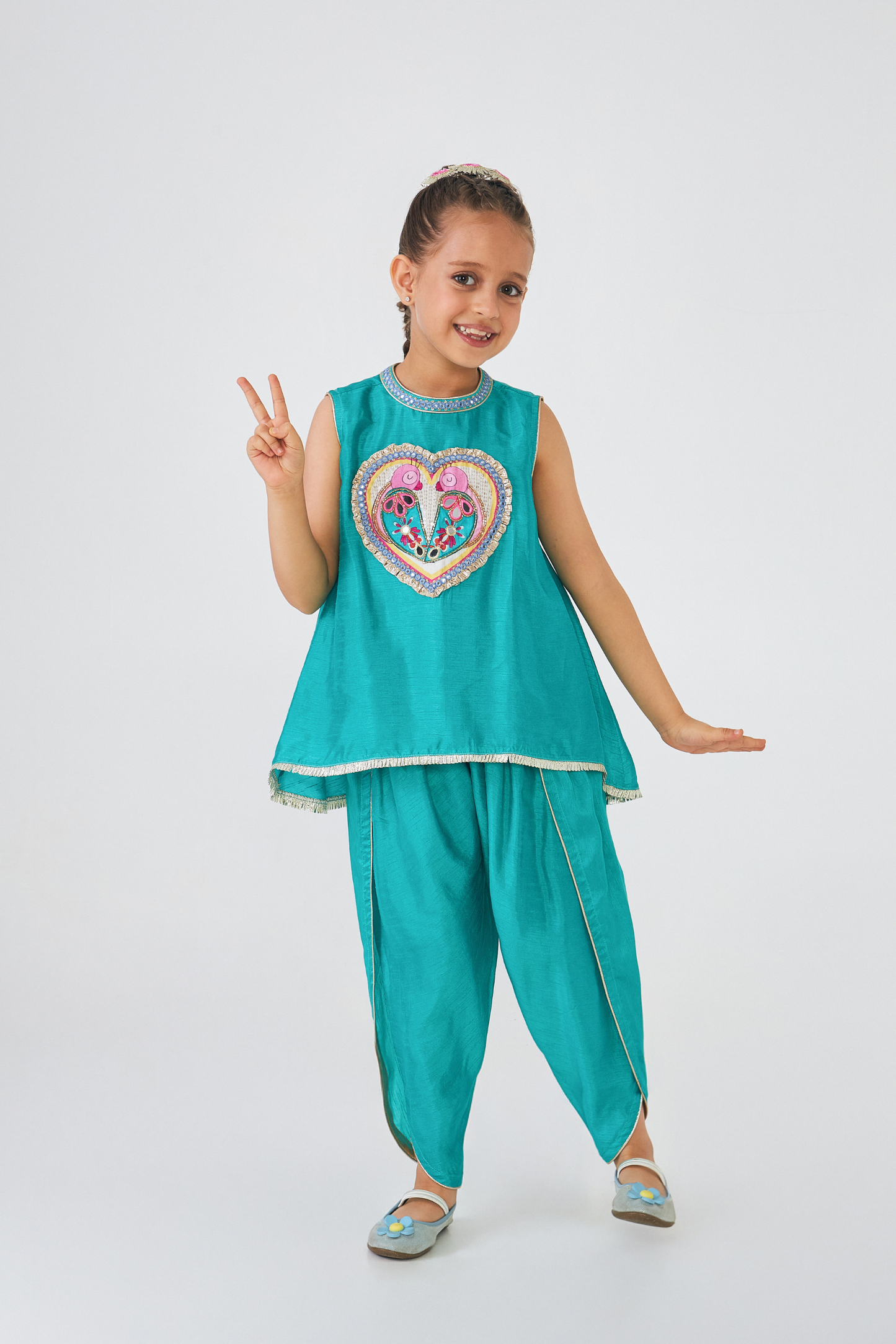 Freya Sage Lovebirds Girls Embellished Top & Dhoti Pant (Set of 2 Pcs)