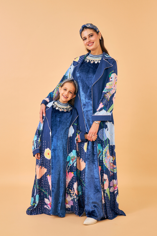 Sparrow Navy Coat with Velvet Long Dress - Mom & Me