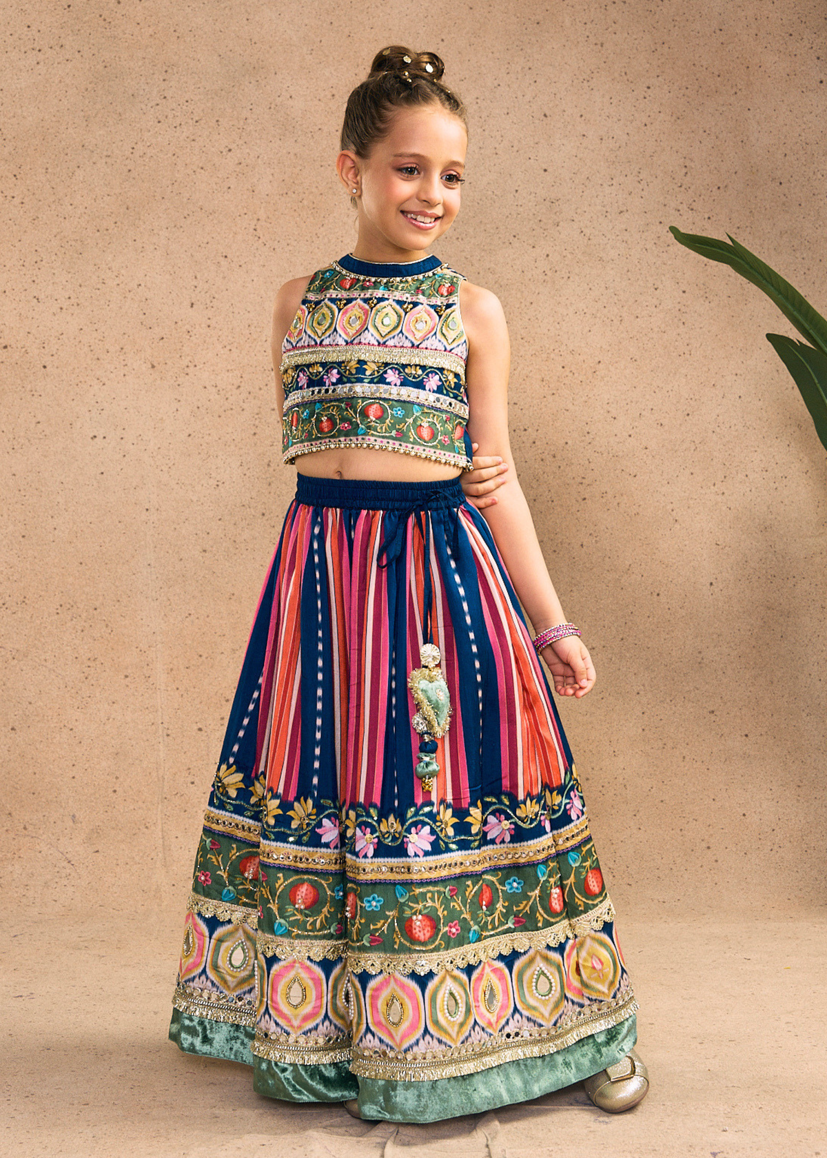 Dalia Navy Girls Embellished Crop Top, Skirt & Dupatta (Set of 3 pcs)