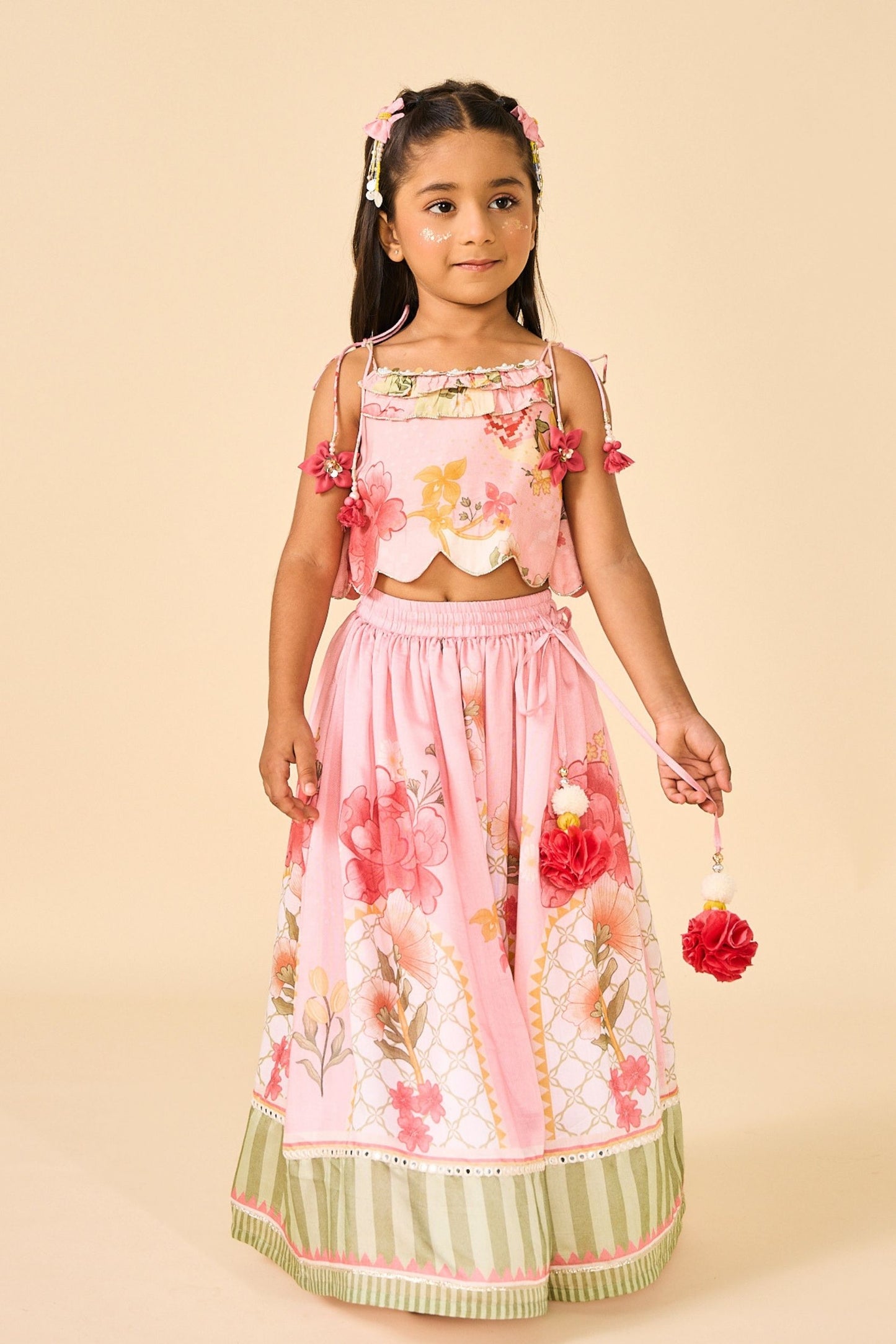Rose Jaipur Girls Embellished Strappy Top And Skirt