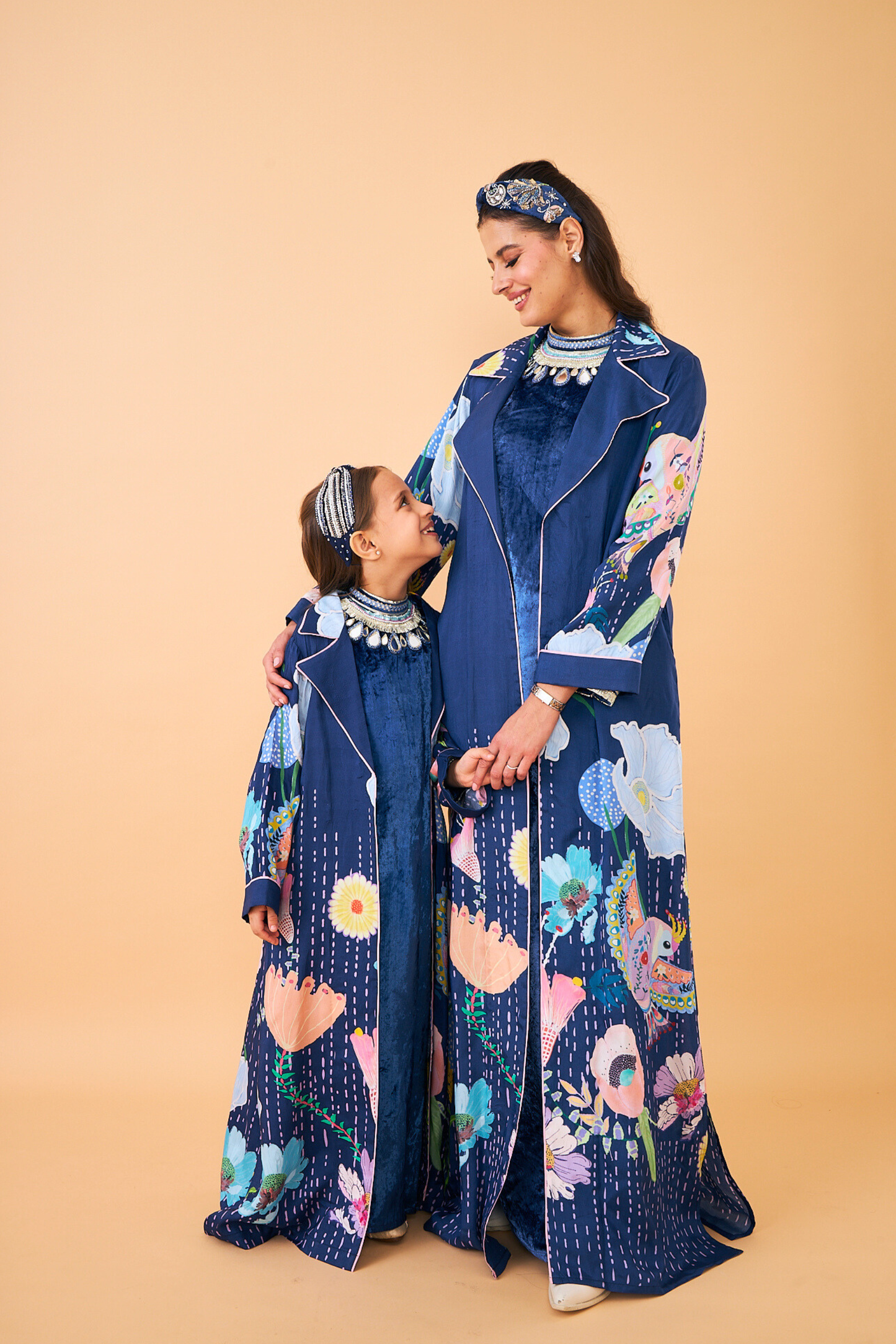 Sparrow Navy Coat with Velvet Long Dress - Mom & Me