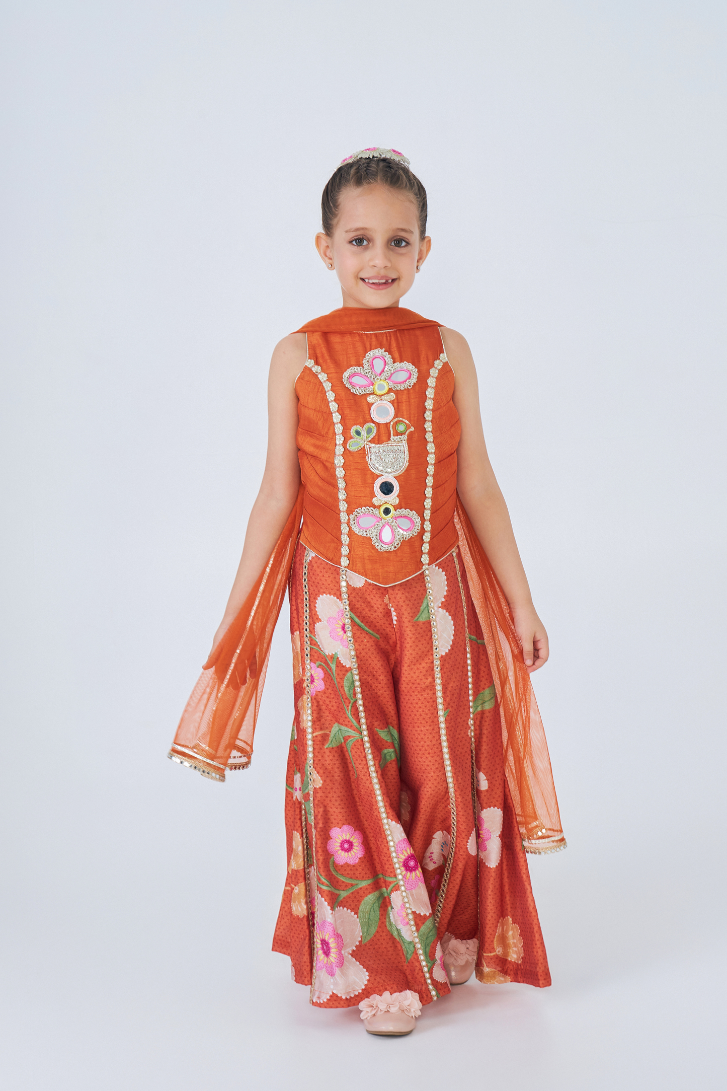 Riva Long Embroidered Girls Top & Flared Pant Set (Set of 3 Pcs)