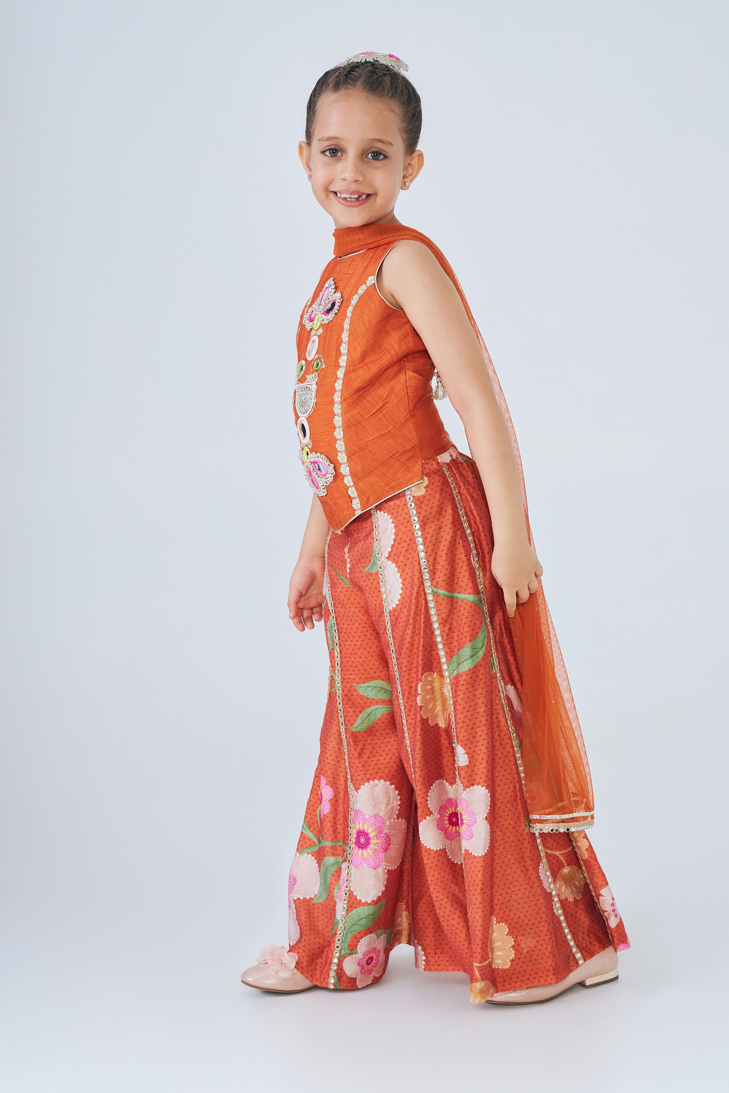 Riva Long Embroidered Girls Top & Flared Pant Set (Set of 3 Pcs)