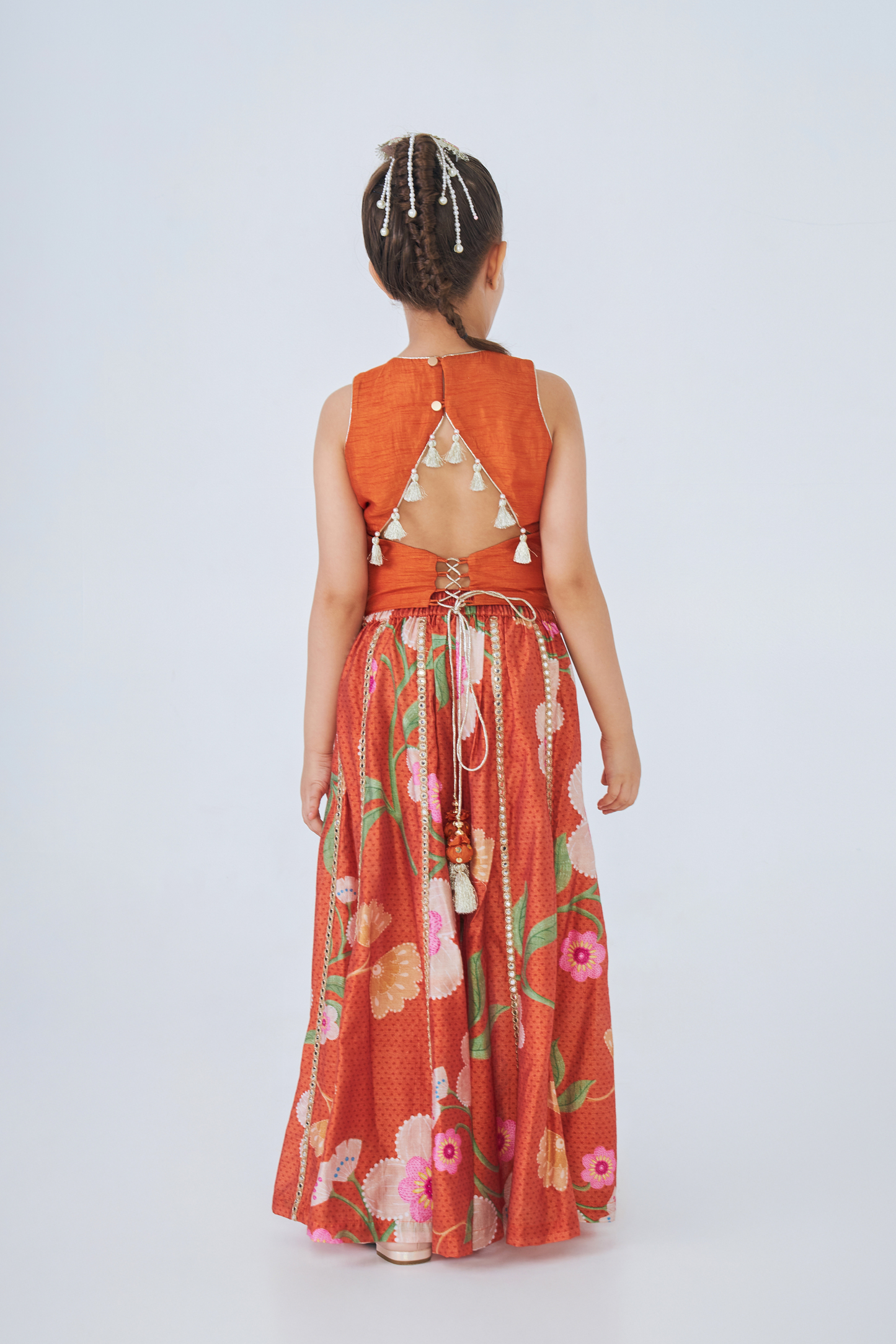 Riva Long Embroidered Girls Top & Flared Pant Set (Set of 3 Pcs)