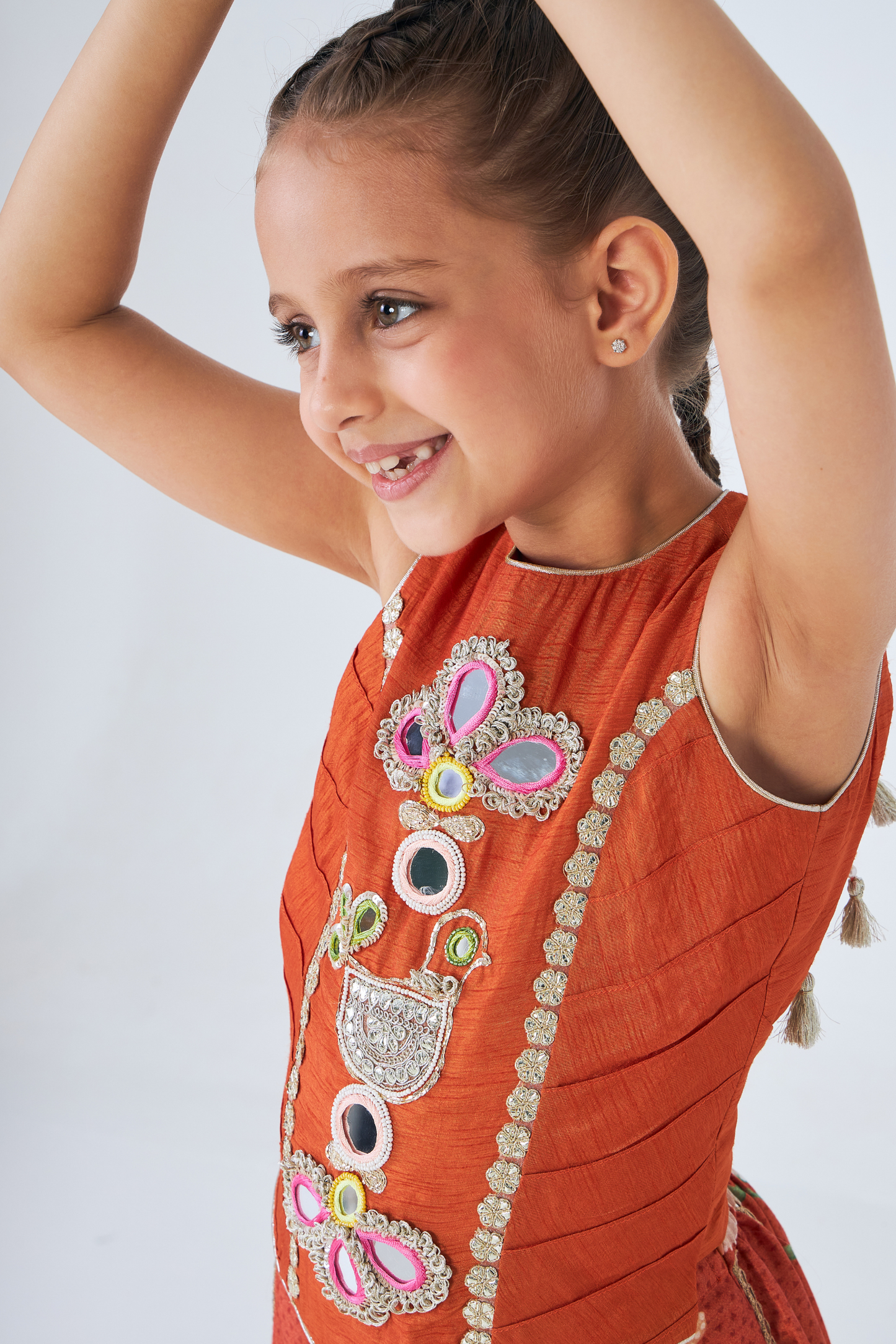 Riva Long Embroidered Girls Top & Flared Pant Set (Set of 3 Pcs)