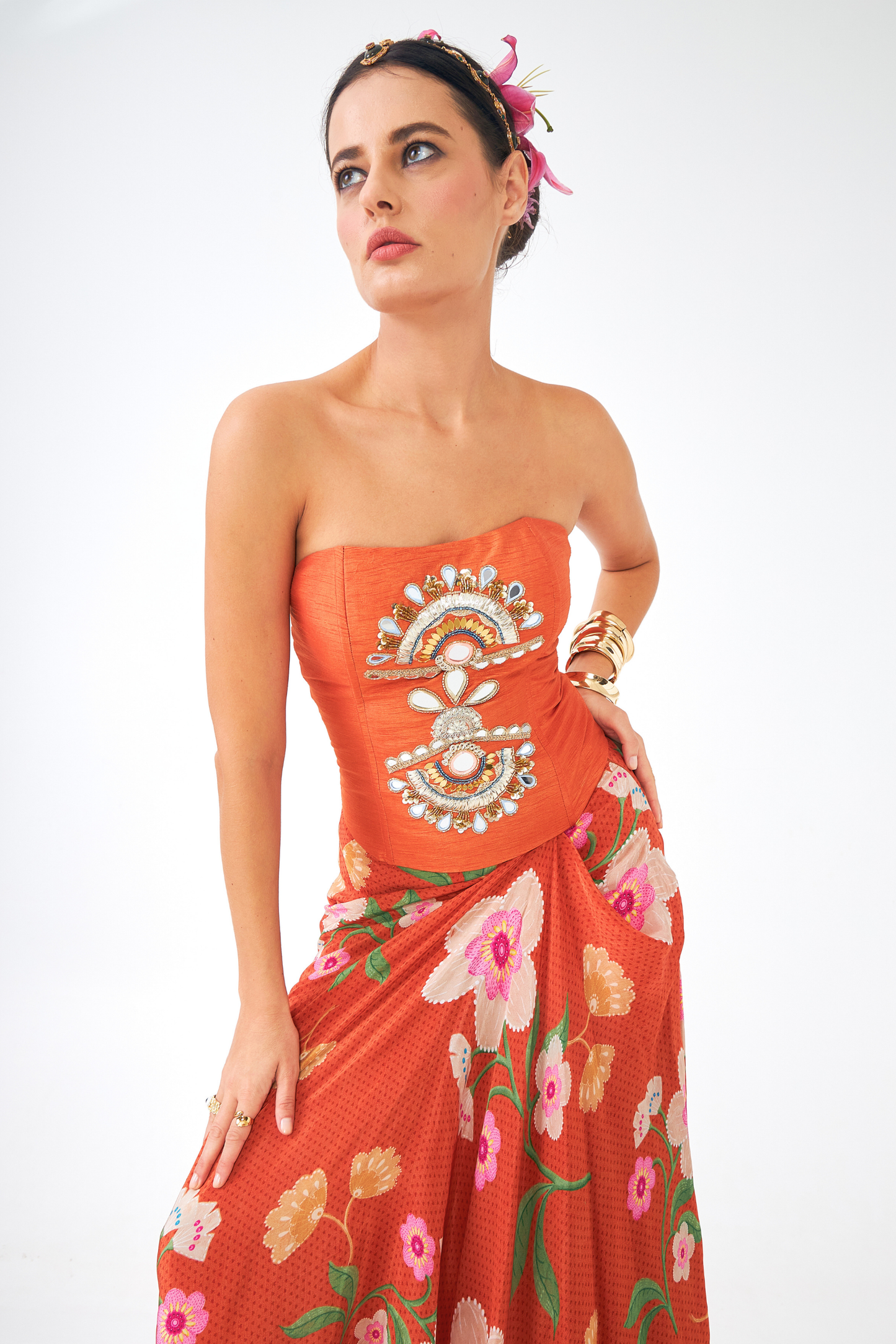 Riva Ladies Embellished Corset With Draped Skirt & Cape (Set of 3 Pcs)