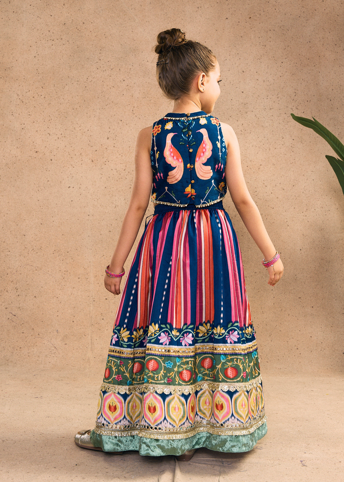 Dalia Navy Girls Embellished Crop Top, Skirt & Dupatta (Set of 3 pcs)