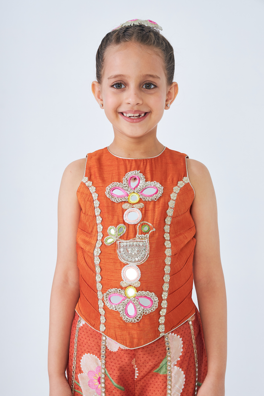 Riva Long Embroidered Girls Top & Flared Pant Set (Set of 3 Pcs)