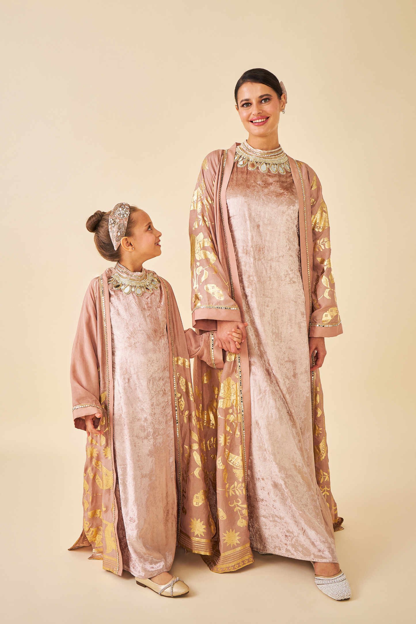 Tiffara Gold Coat with Velvet Long Dress - Mom & Me