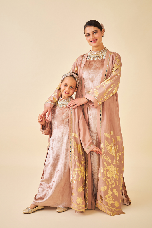 Tiffara Gold Coat with Velvet Long Dress - Mom & Me