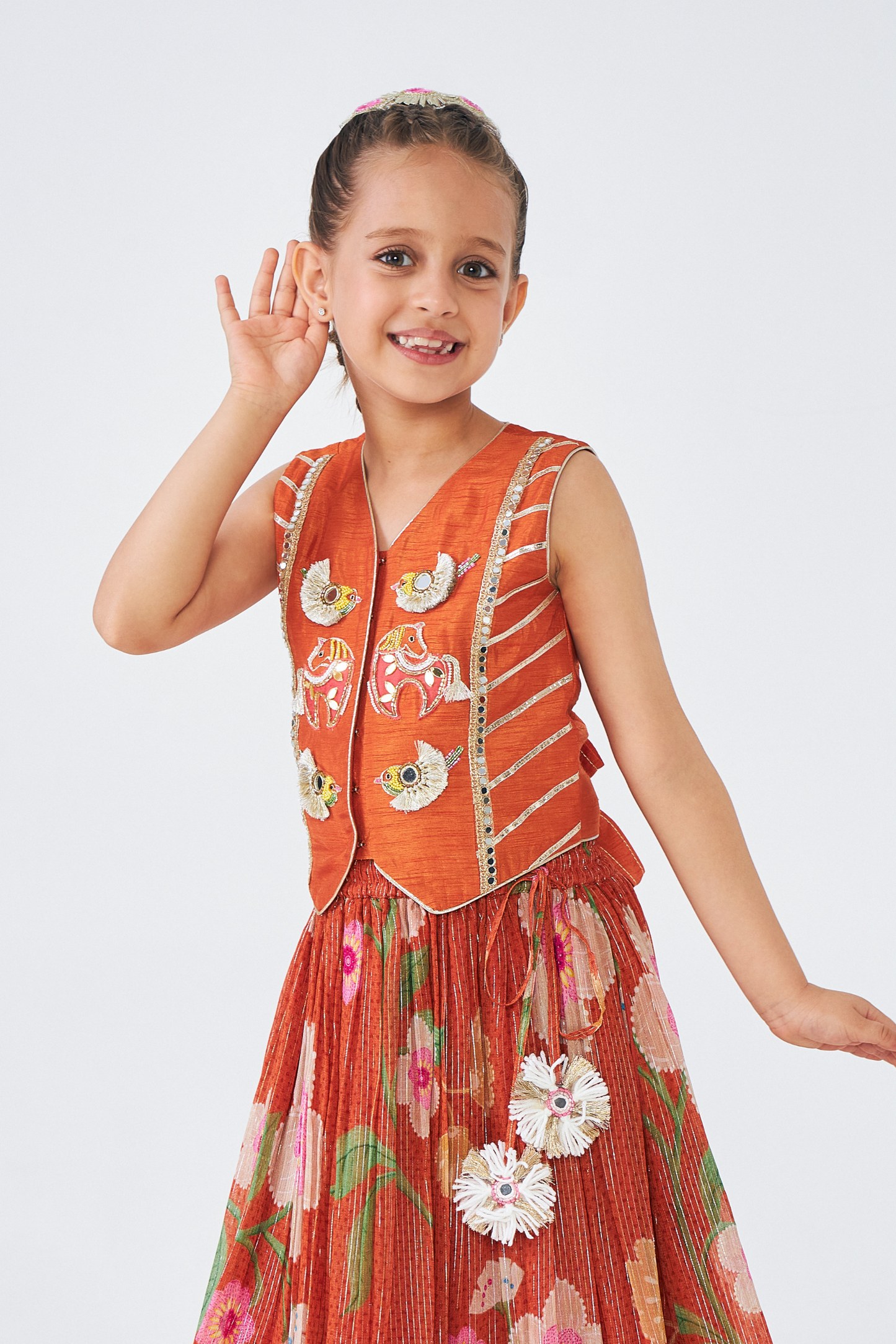 Riva Short Embroidered Girls Top & Skirt (Set of 3 Pcs)