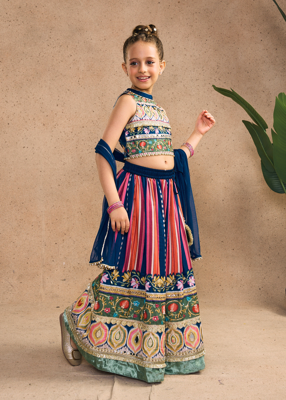 Dalia Navy Girls Embellished Crop Top, Skirt & Dupatta (Set of 3 pcs)