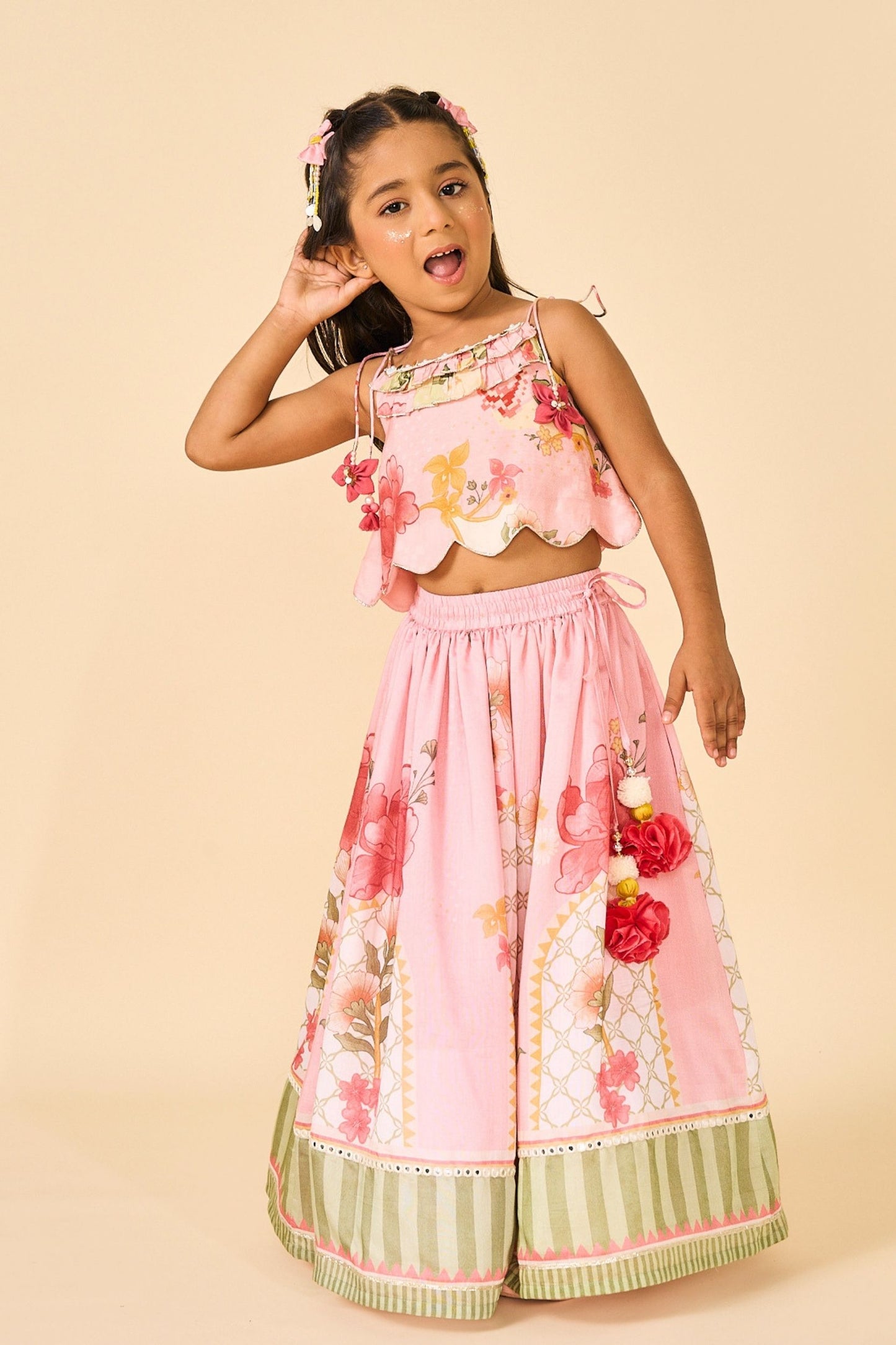 Rose Jaipur Girls Embellished Strappy Top And Skirt