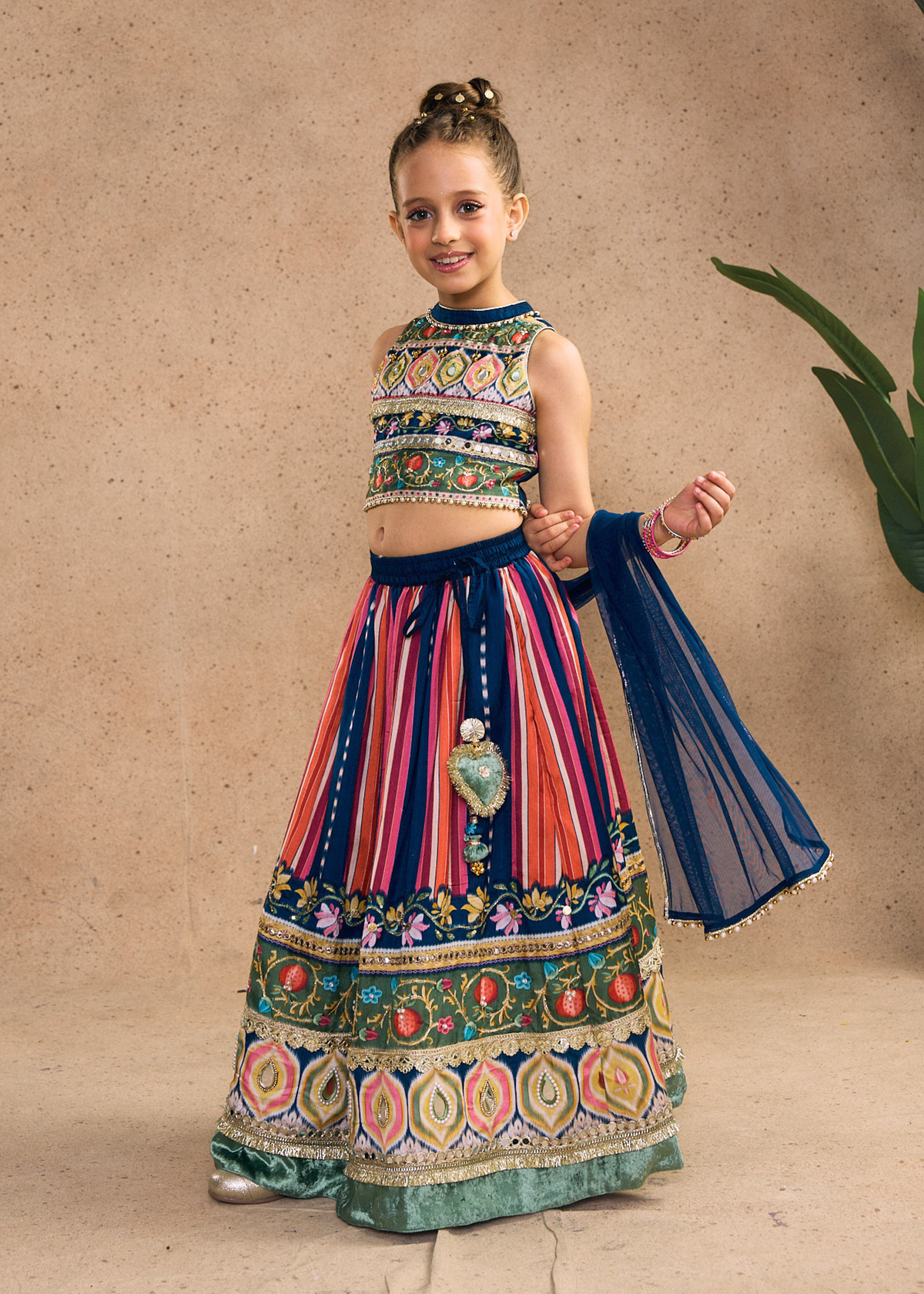 Dalia Navy Girls Embellished Crop Top, Skirt & Dupatta (Set of 3 pcs)