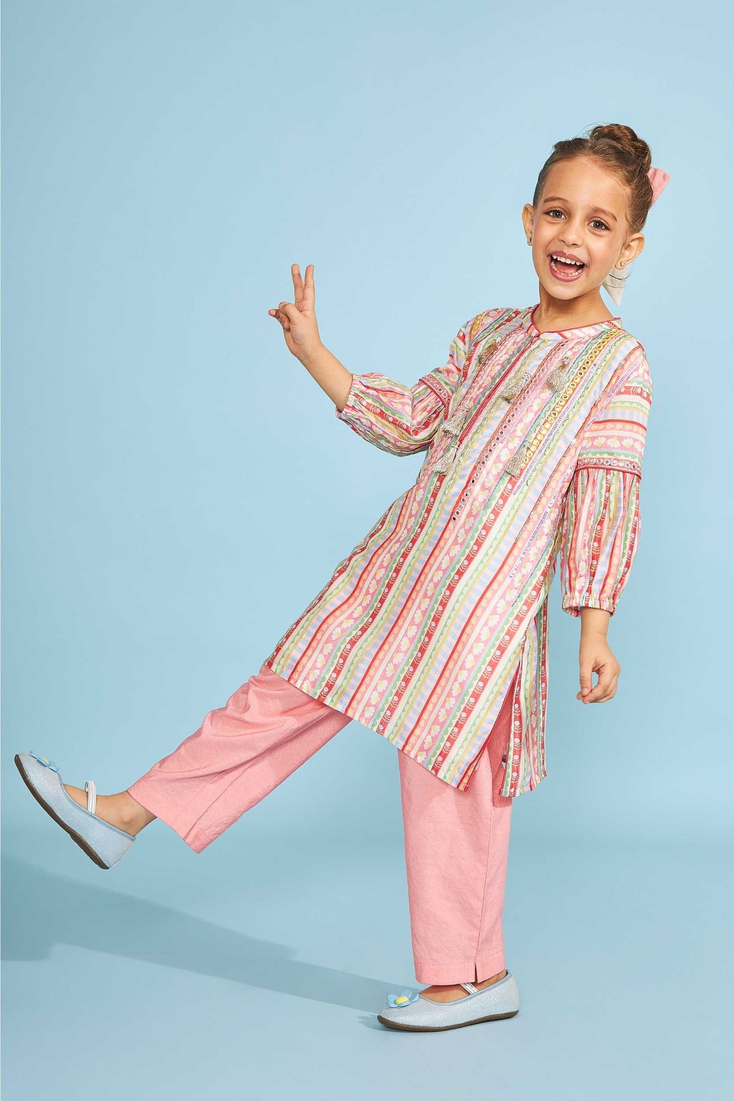 Candy Stripe Girls  Embellished Tunic Trouser Coord (2 Pc Set)