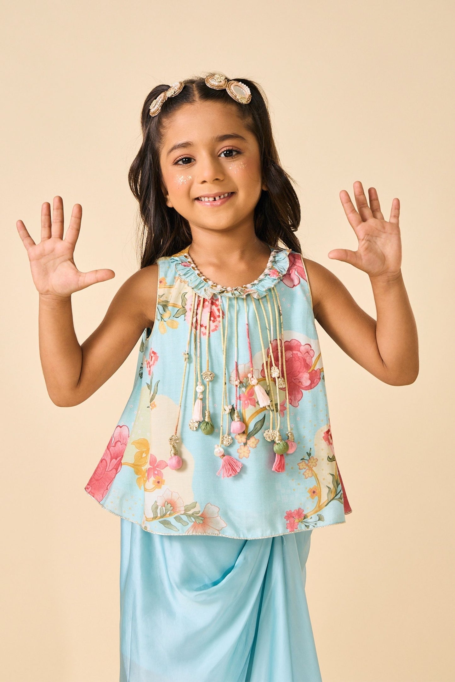 Blue Clay Embellished Girls Fringe Top & Draped Skirt ( 2 Pc Set)
