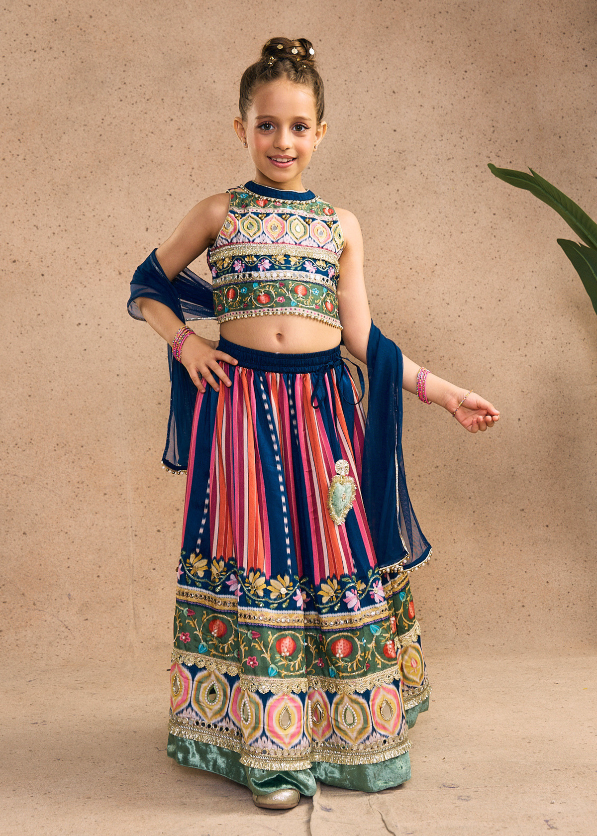 Dalia Navy Girls Embellished Crop Top, Skirt & Dupatta (Set of 3 pcs)