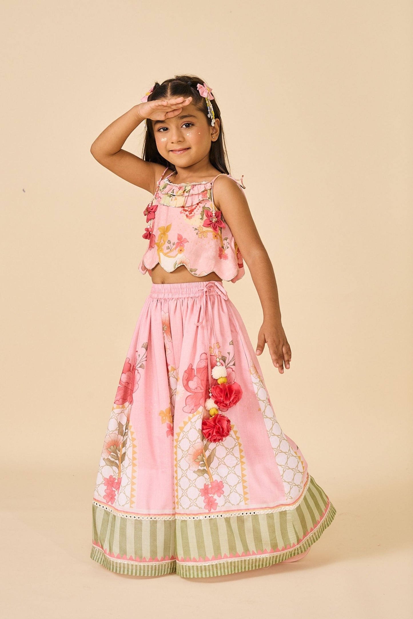 Rose Jaipur Girls Embellished Strappy Top And Skirt