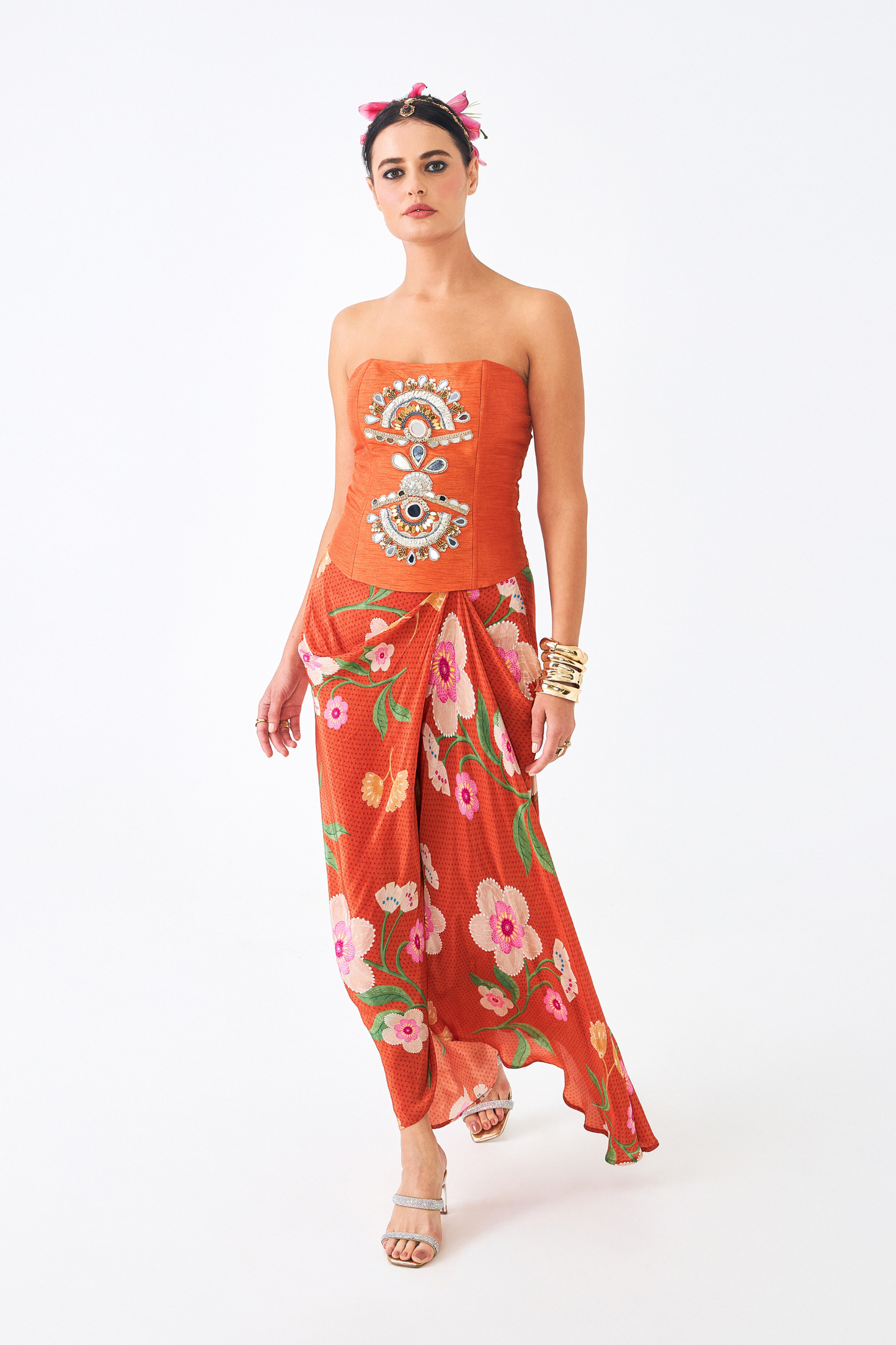 Riva Ladies Embellished Corset With Draped Skirt & Cape (Set of 3 Pcs)