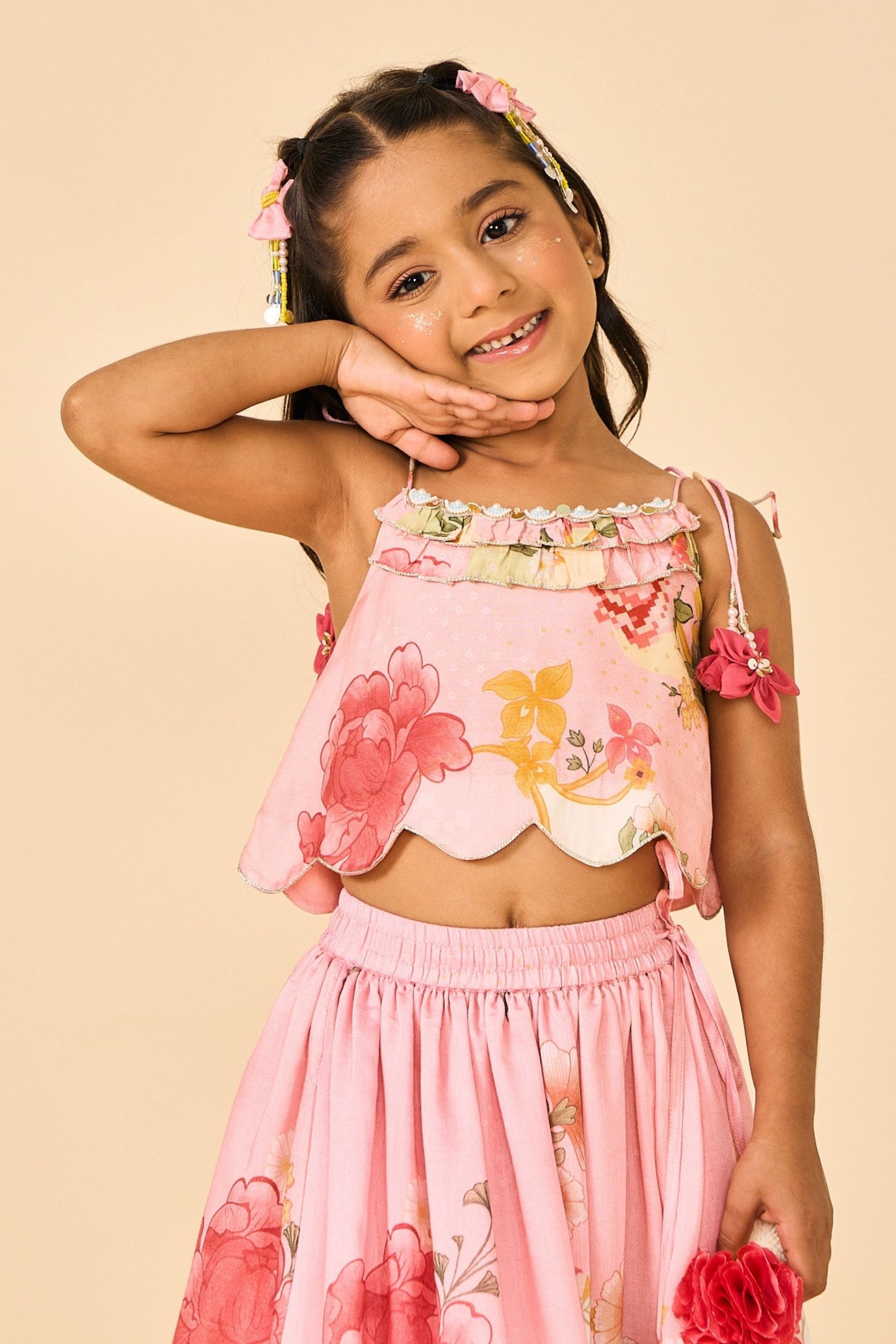 Rose Jaipur Girls Embellished Strappy Top And Skirt