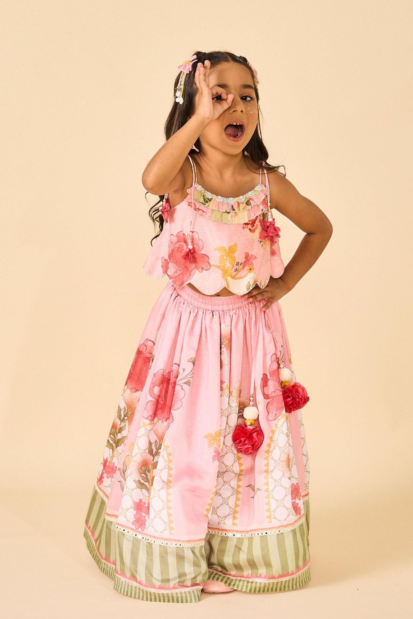 Rose Jaipur Girls Embellished Strappy Top And Skirt