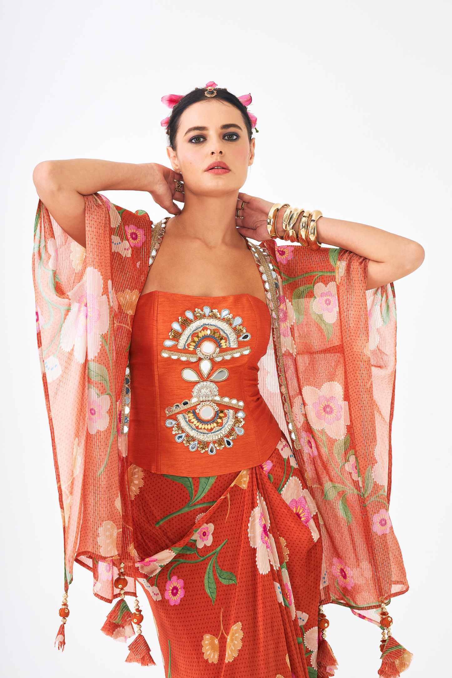 Riva Ladies Embellished Corset With Draped Skirt & Cape (Set of 3 Pcs)