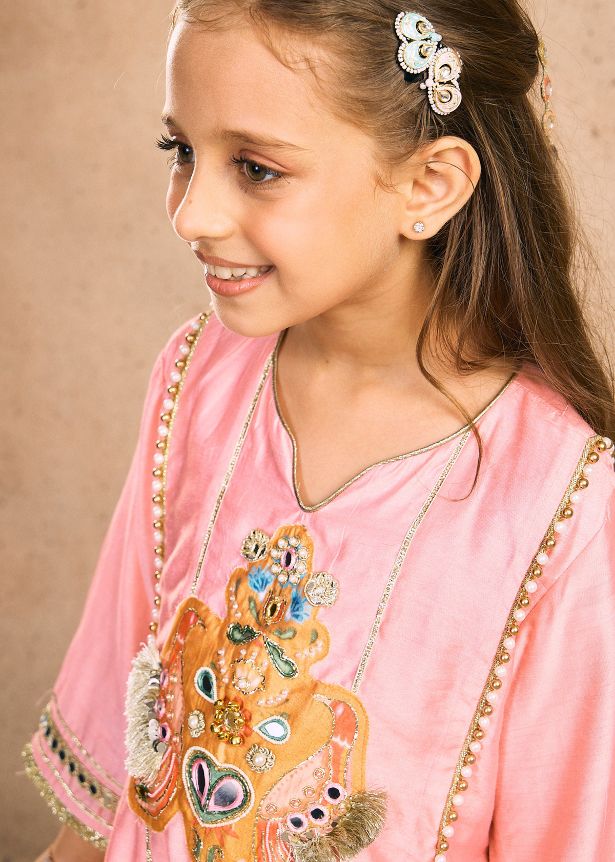 Daphene Ivora Girls pink Embellished Long Tunic & Farshi Salwar