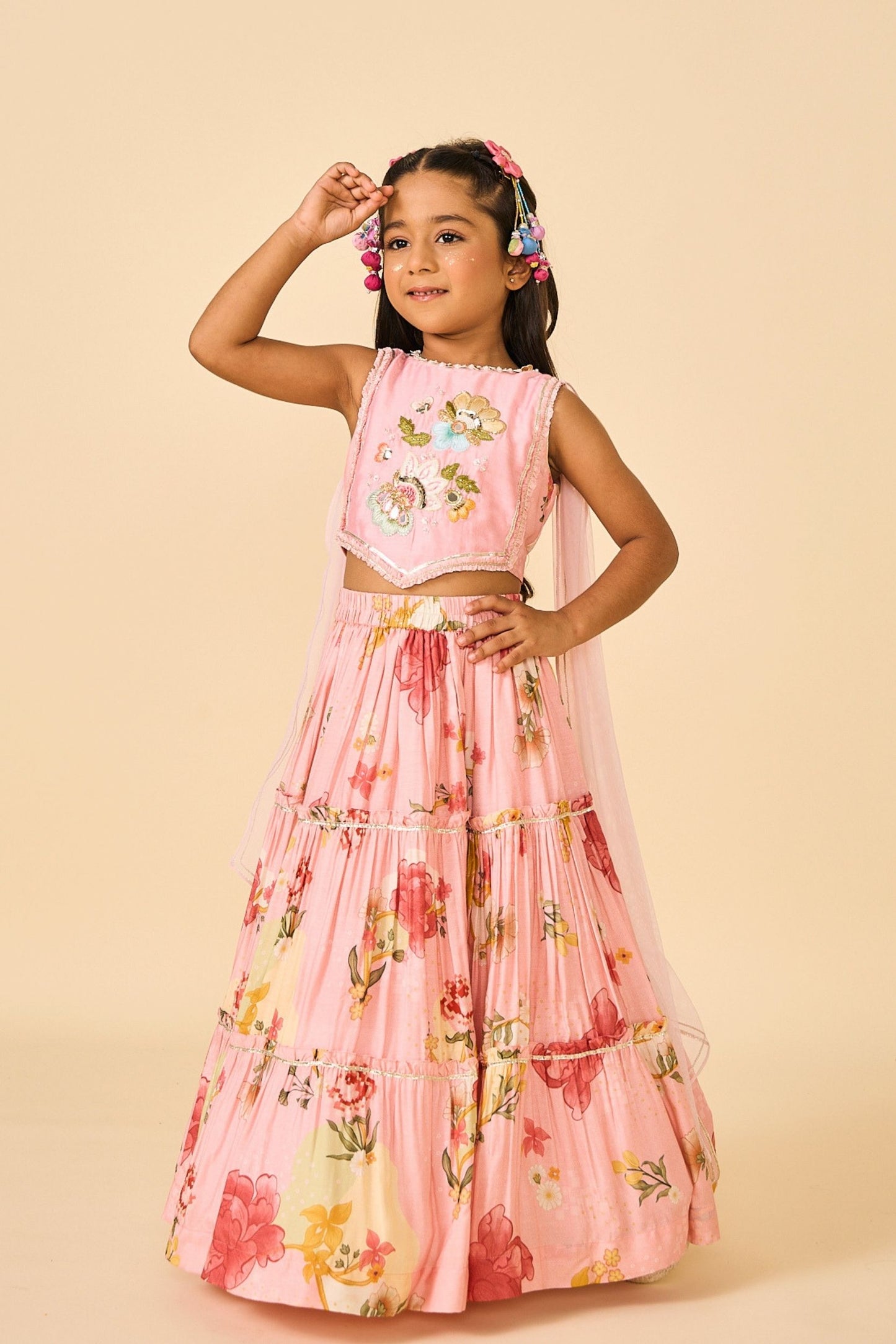 Rose Jaipur Girls Embellished Veil Top & Tiered Skirt ( 2 Pc Set)