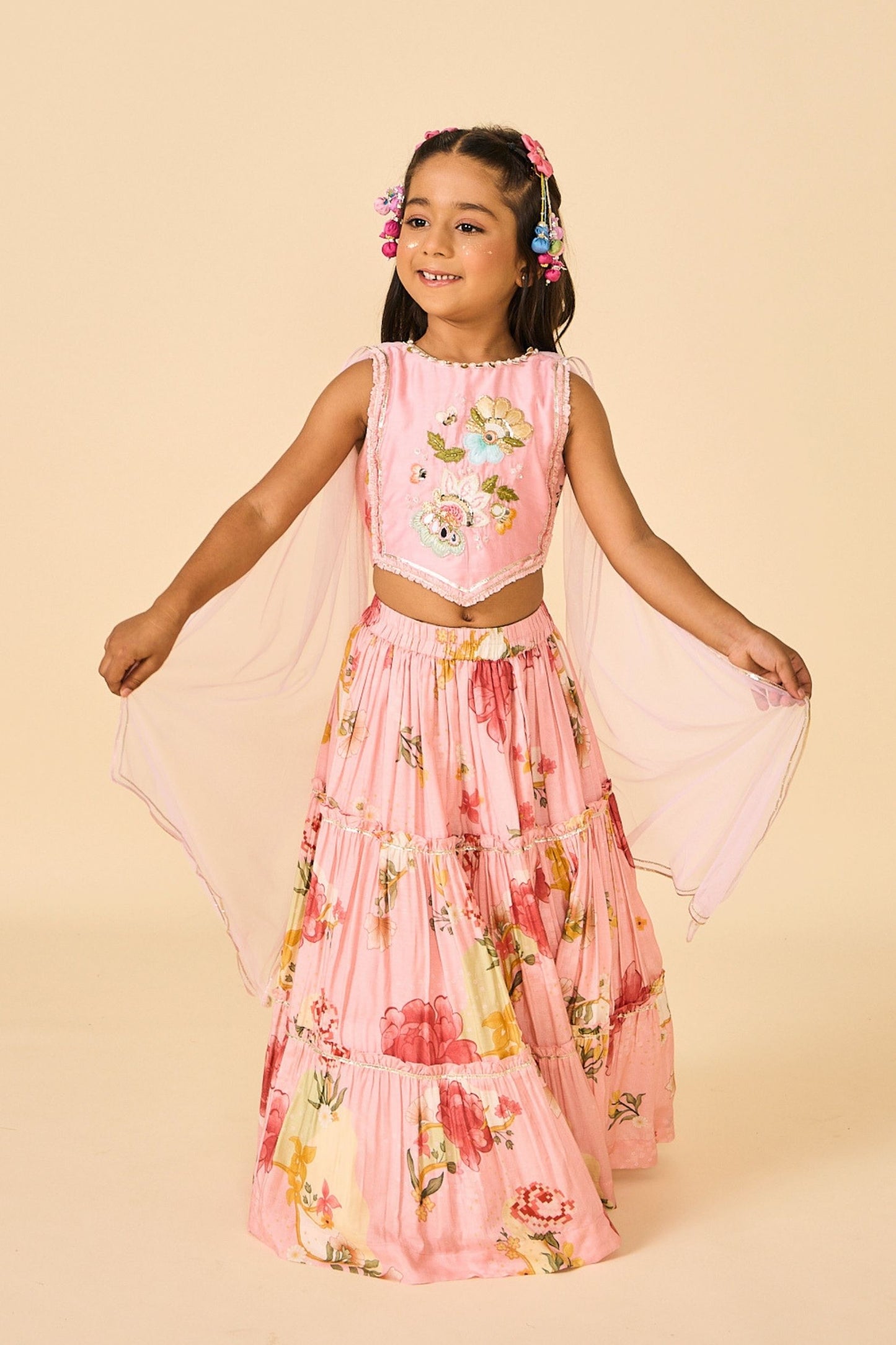 Rose Jaipur Girls Embellished Veil Top & Tiered Skirt ( 2 Pc Set)