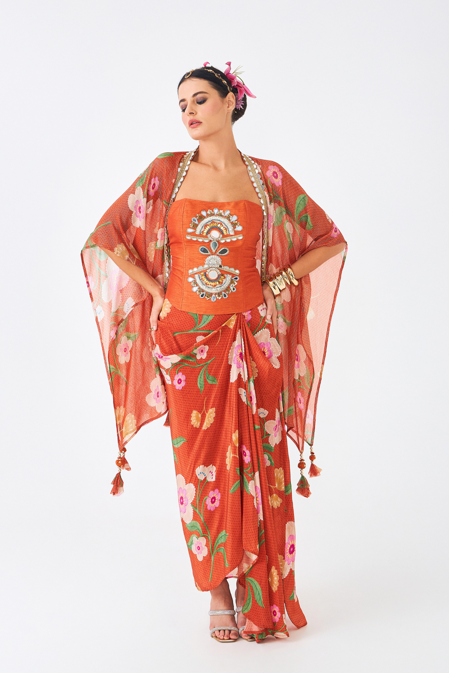 Riva Ladies Embellished Corset With Draped Skirt & Cape (Set of 3 Pcs)