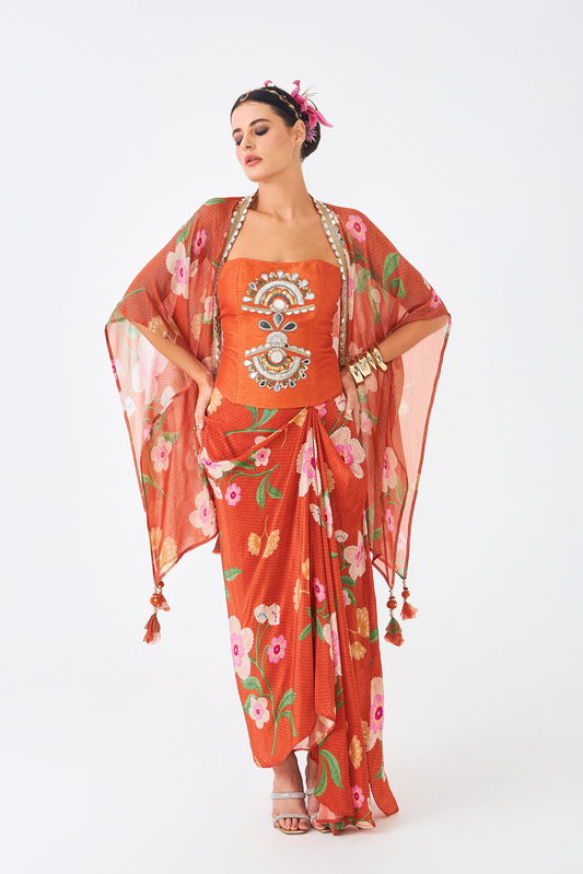 Riva Ladies Embellished Corset With Draped Skirt & Cape (Set of 3 Pcs)