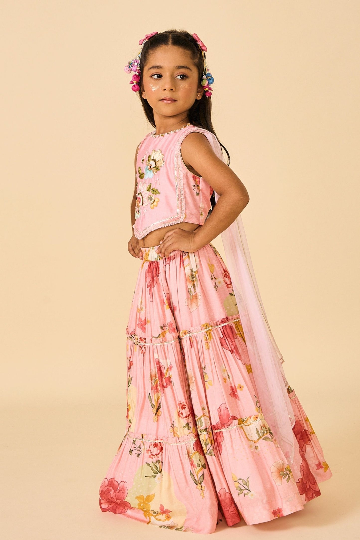 Rose Jaipur Girls Embellished Veil Top & Tiered Skirt ( 2 Pc Set)
