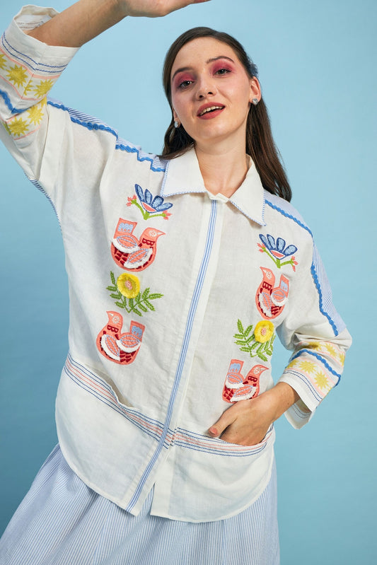 Cuckoo Embroidered Ladies Linen Shirt