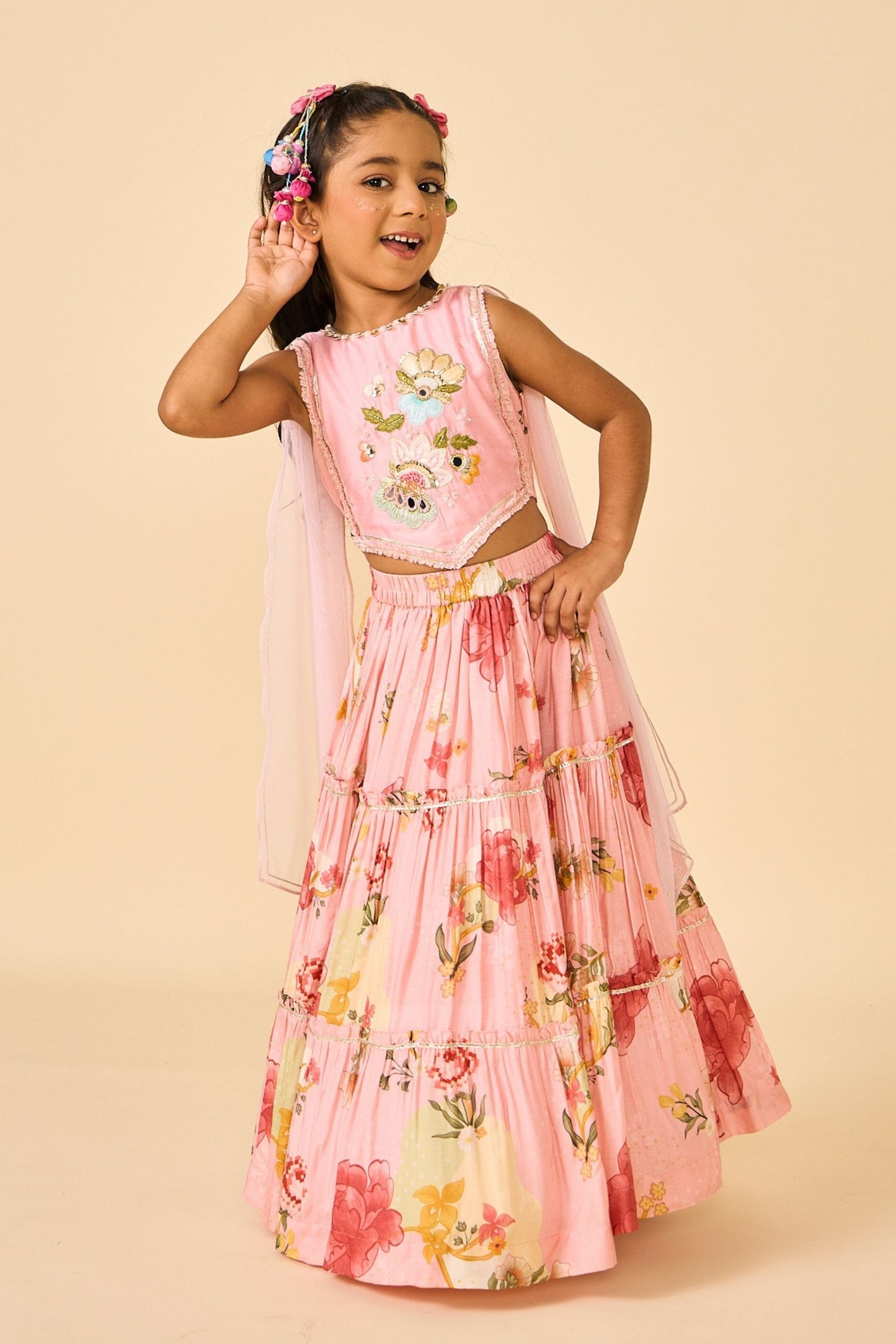 Rose Jaipur Girls Embellished Veil Top & Tiered Skirt ( 2 Pc Set)