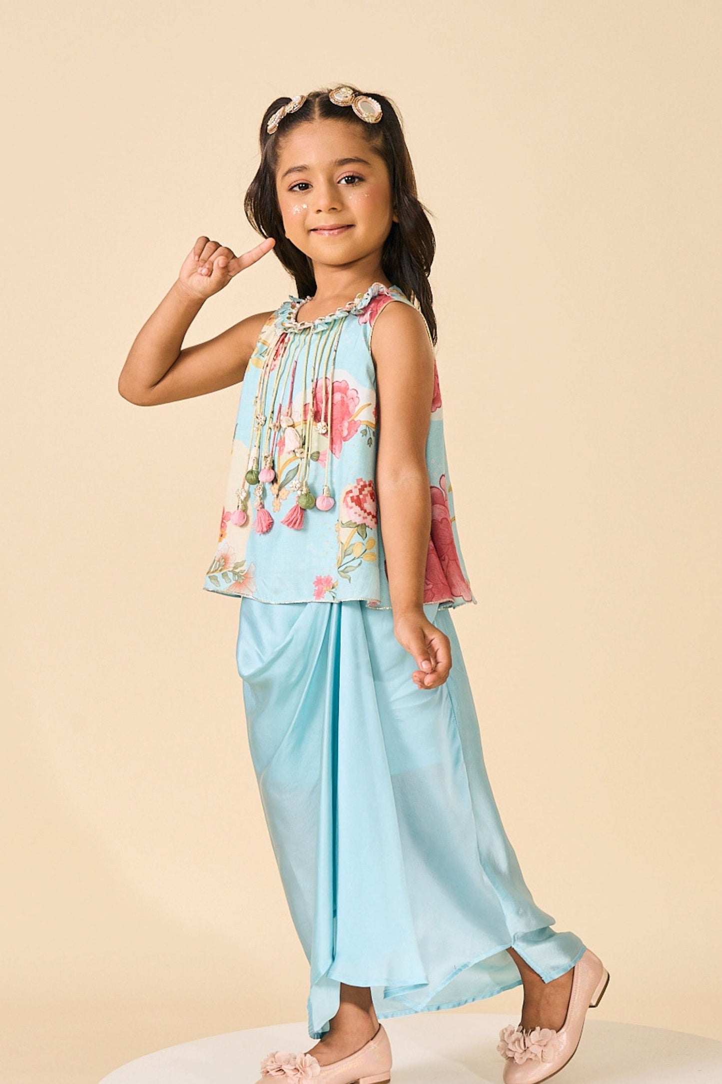 Blue Clay Embellished Girls Fringe Top & Draped Skirt ( 2 Pc Set)