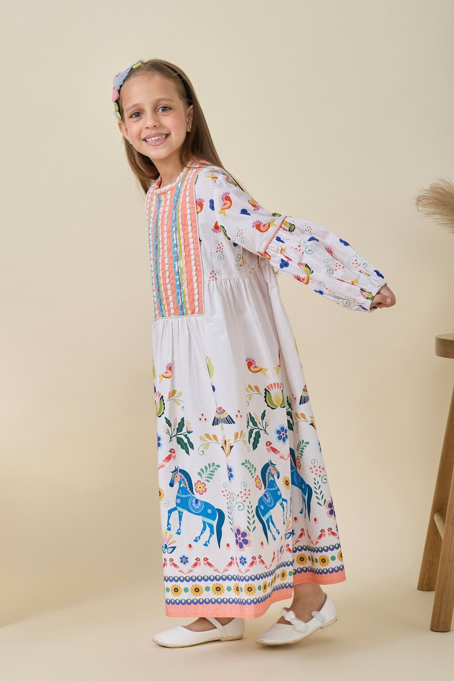 Cuckoo Horse Embellished Girls Long Dress