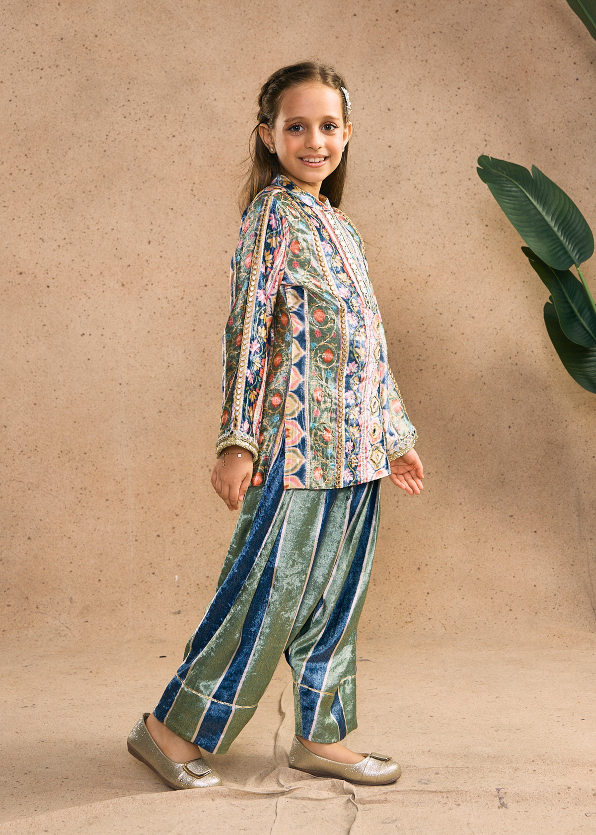 Melanie Stripe Girls Velvet Tunic & Trouser (Set of 2 pcs)