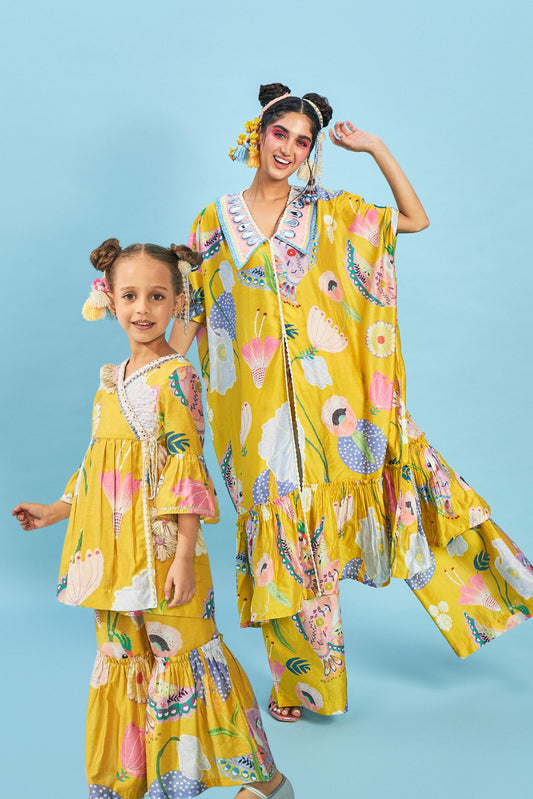 Yellow Bloom Embellished Girls Top & Trouser Coord - Mom & Me