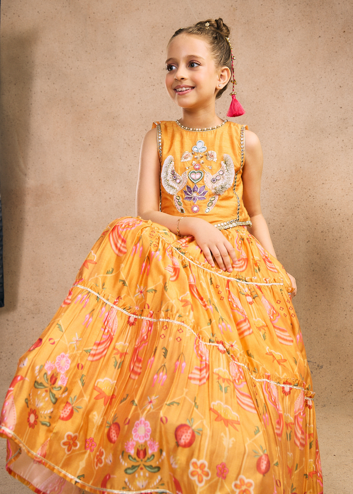 Nella Orange Girls Embellished Crop Top & Skirt (Set of 2 pcs)
