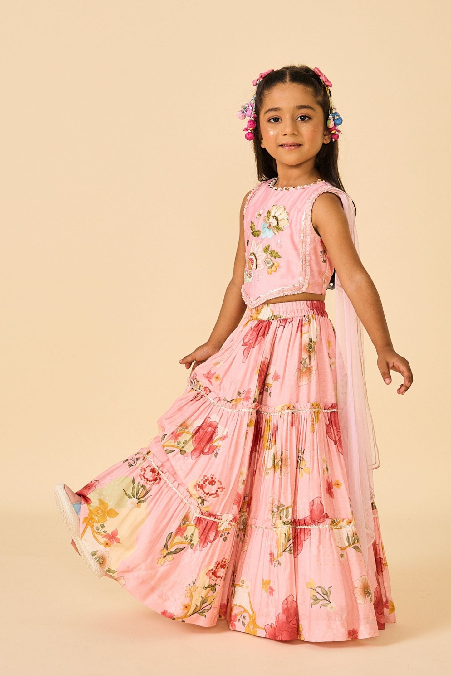 Rose Jaipur Girls Embellished Veil Top & Tiered Skirt ( 2 Pc Set)
