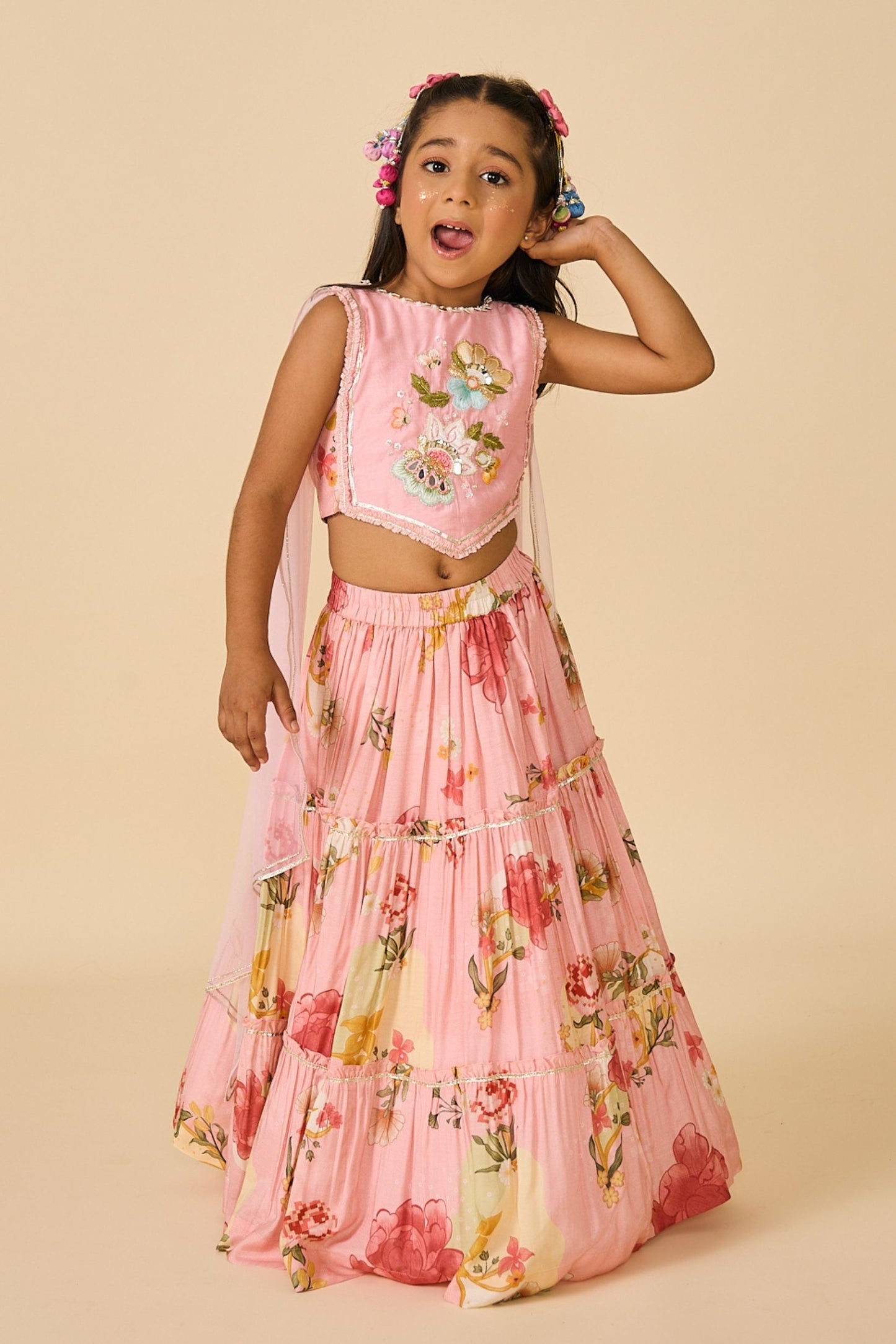 Rose Jaipur Girls Embellished Veil Top & Tiered Skirt ( 2 Pc Set)