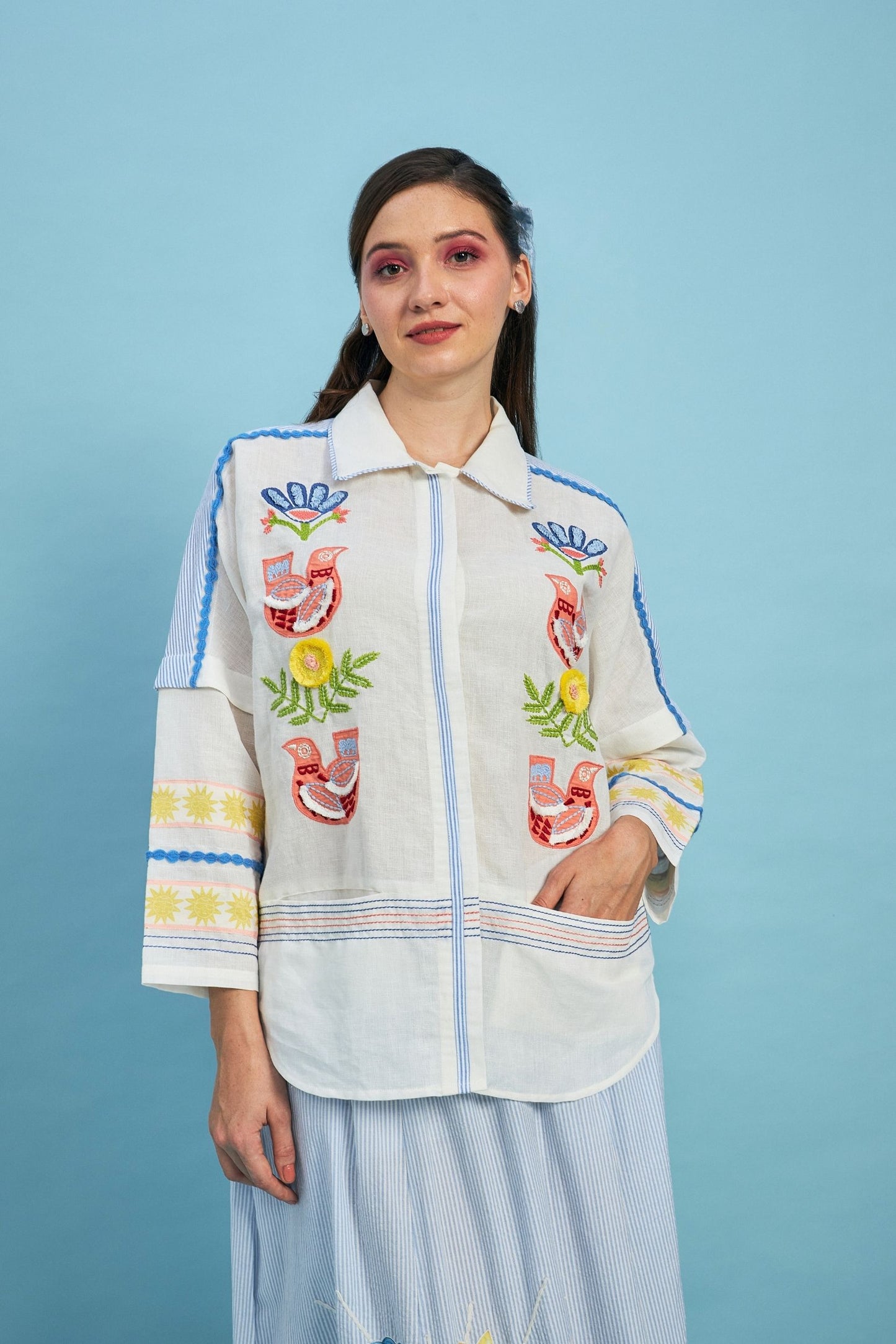 Cuckoo Embroidered Ladies Linen Shirt