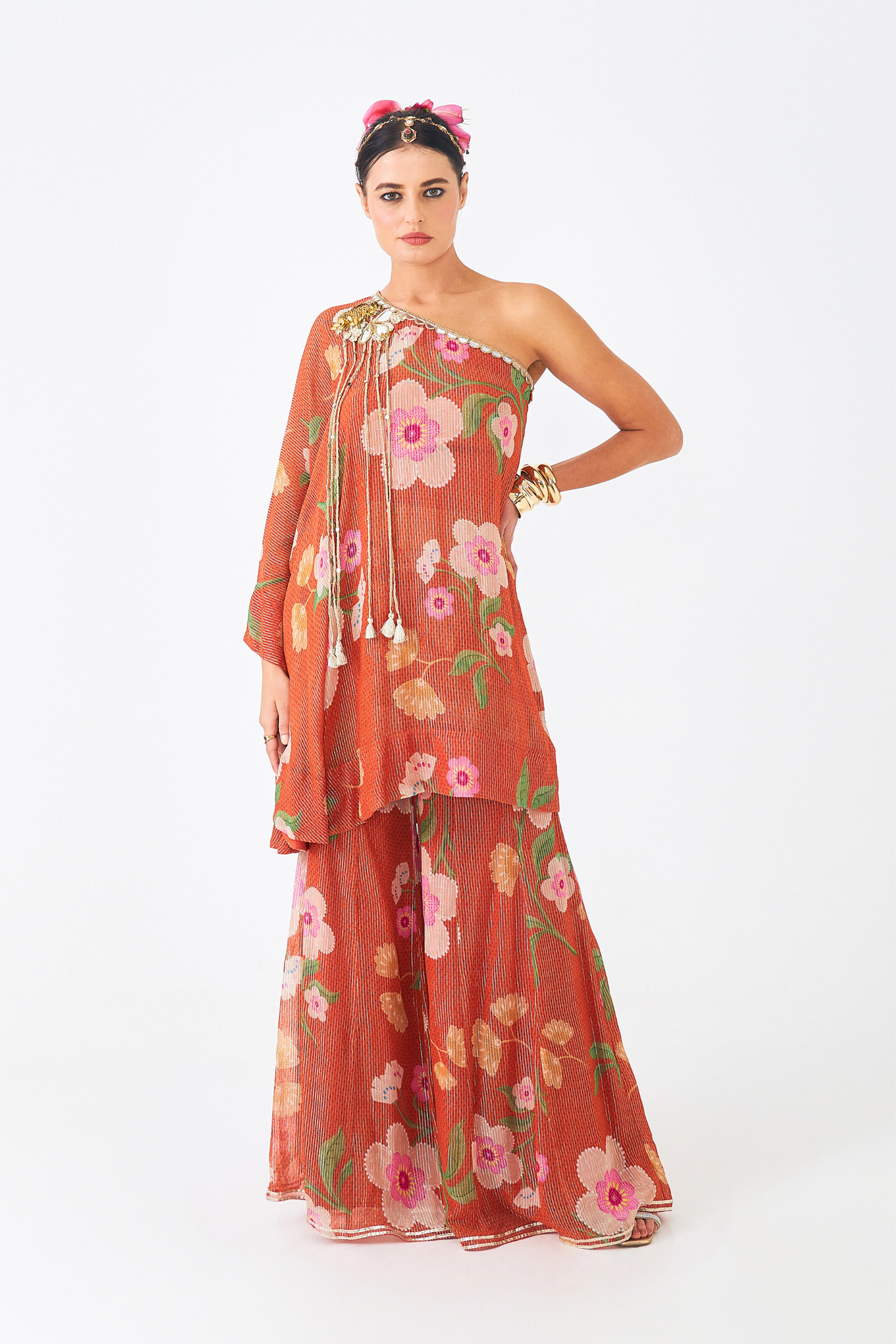 Riva Ladies Embellished Tunic With Flared Trousers  (Set of 3 Pcs)