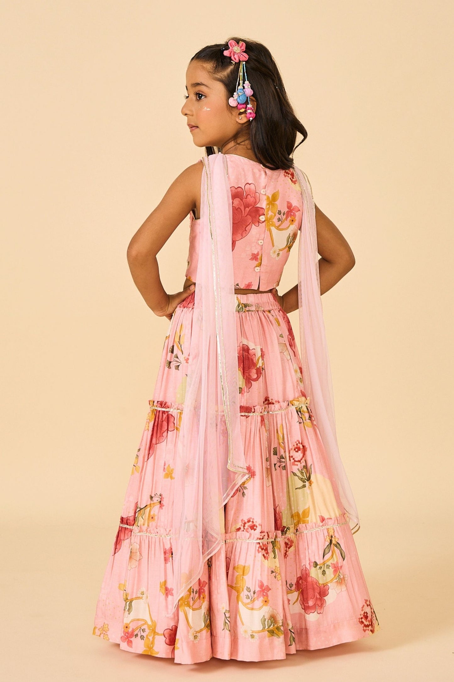 Rose Jaipur Girls Embellished Veil Top & Tiered Skirt ( 2 Pc Set)